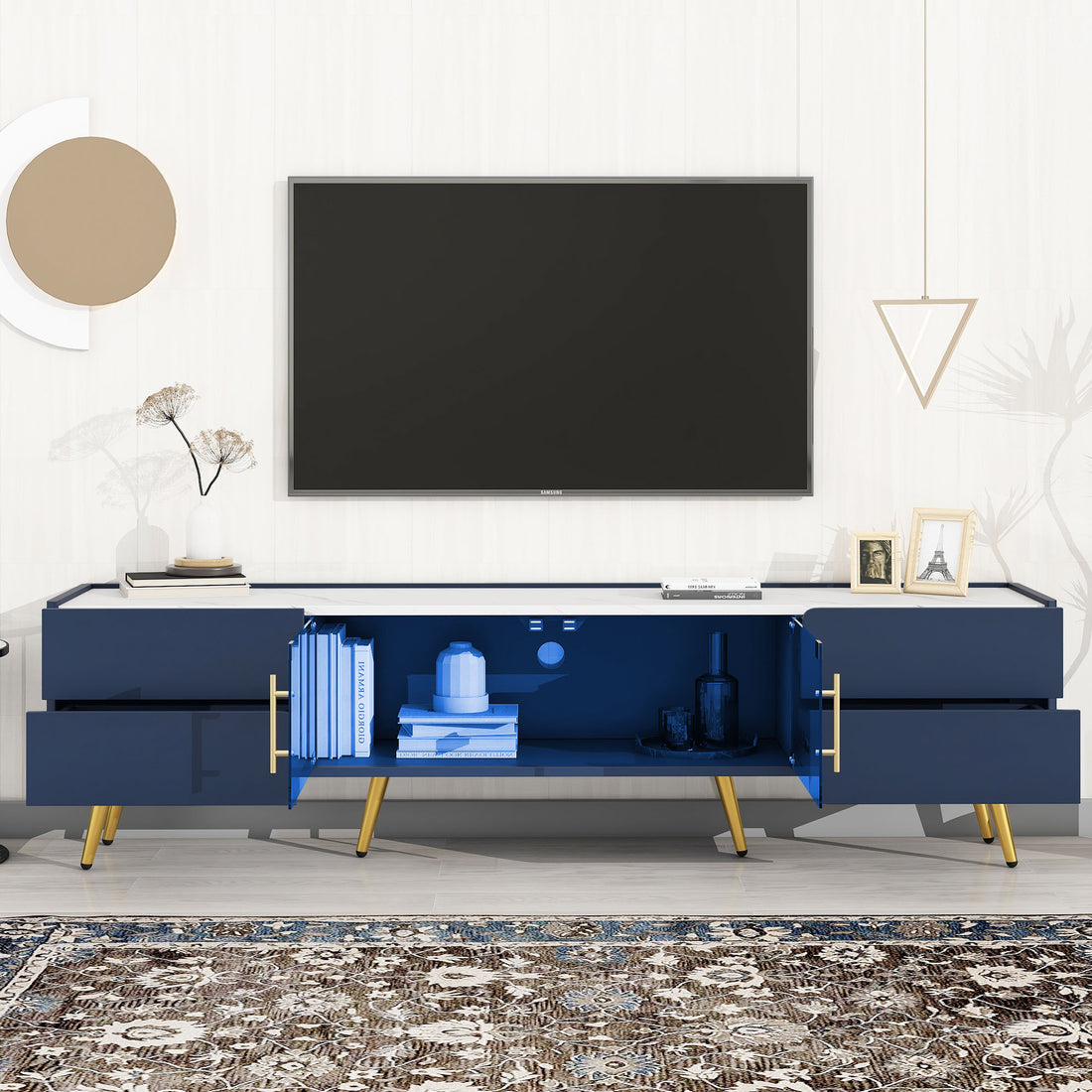 Modern Tv Stand With Led Lights For Tvs Up To 80 Inches, Entertainment Center With 4 Drawers And 1 Cabinet With Brown Glass Door, Media Console With Metal Legs And Handles For Living Room Blue 70 79 Inches Mdf