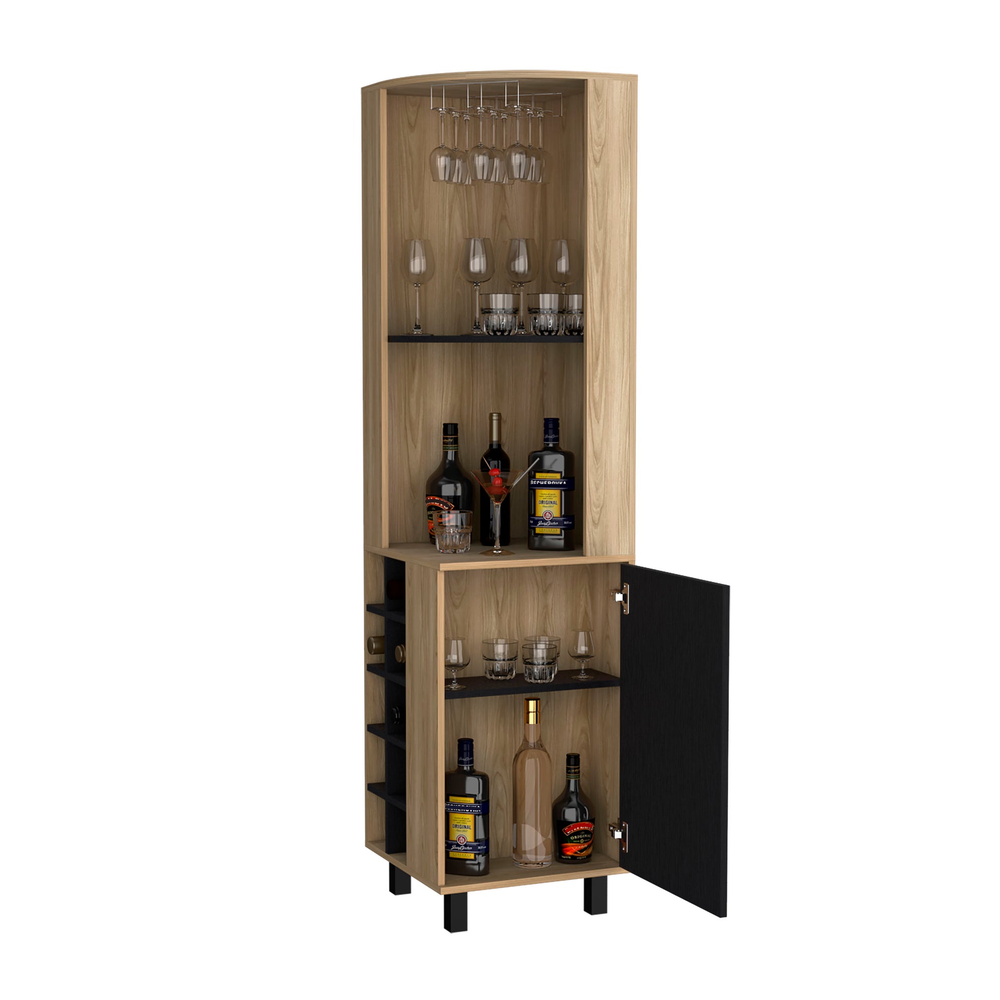 Leah Corner Bar Cabinet In Melamine, Glass Holder, Wine And Wine Rack. Freestanding 5 Or More Spaces Multicolor Primary Living Space Open Storage Space Contemporary Pine Particle Board Melamine