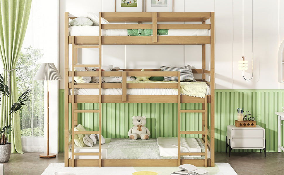 Triple Rubber Wood Bunk Bed With Two Built In Ladders, Guardrails, Twin Over Twin Over Twin, Detachable Triple Twin Bunk Bed,White Oak Twin White Oak Bedroom American Design Bed Frame Rubber Wood