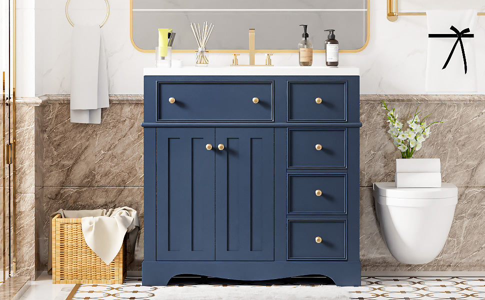 36'' Bathroom Vanity With Resin Sink Combo, Solid Wood Frame Bathroom Storage Cabinet, Freestanding Vanity Set With 3 Drawers& Adjustable Shelf Blue Bathroom Modern Solid Wood Mdf Resin