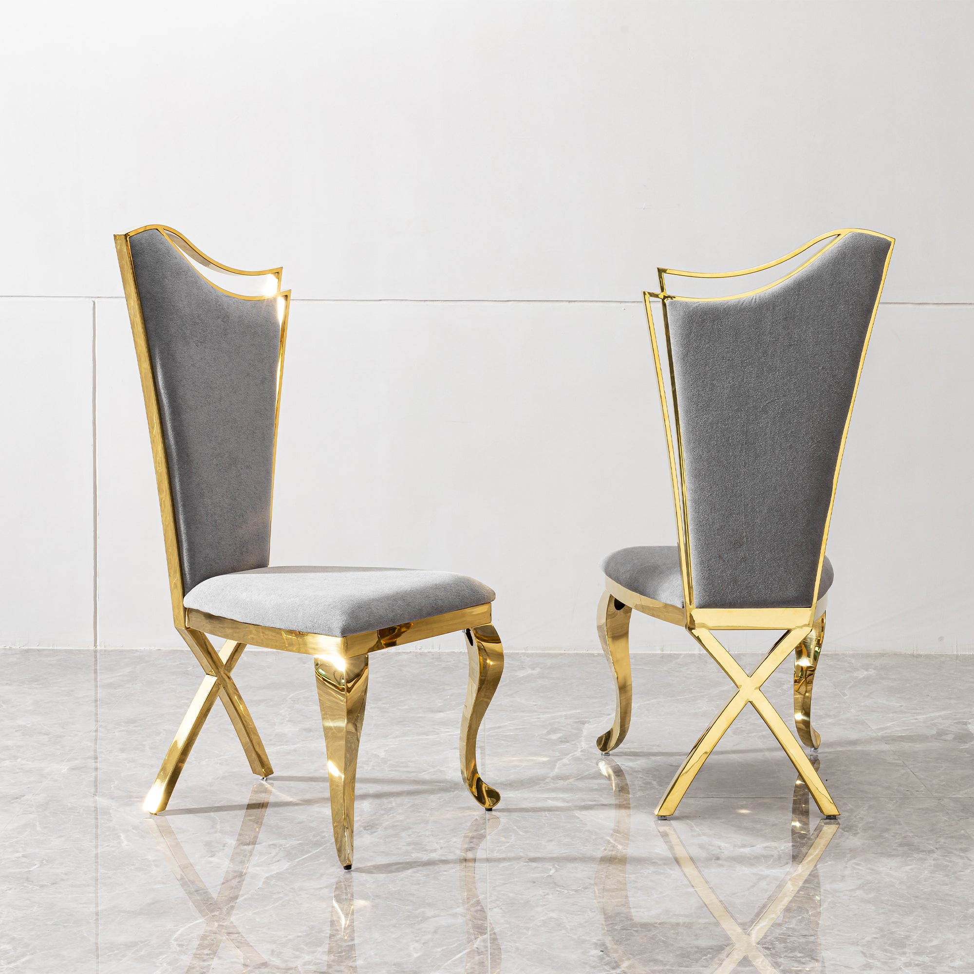 Gorgeous Streamlined High Back Grey Fabric Stainless Steel Dining Chair, Set Of 2 Stainless Steel Gold Dining Room Polished Foam Contemporary Dining Chairs Set Of 2 Foam Stainless Steel