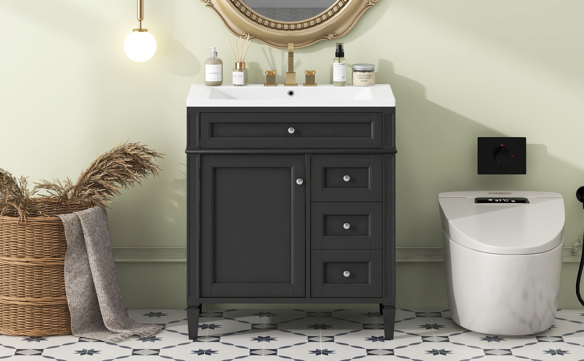 30'' Bathroom Vanity With Top Sink, Modern Bathroom Storage Cabinet With 2 Drawers And A Tip Out Drawer, Single Sink Bathroom Vanity Black Bathroom Solid Wood Mdf