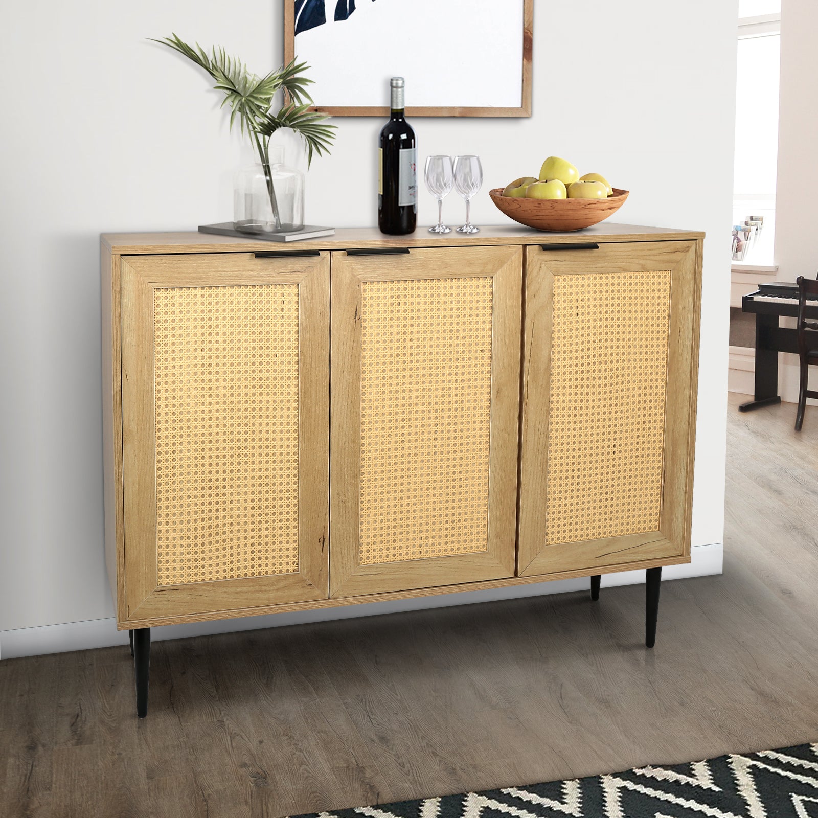 47.24 '' Wide Elegant Kitchen Buffet Storage Cabinet With 3 Rattan Doors For Bedroom Living Room Kitchen Cupboard Wooden Furniture With 3 Tier Shelving ,Natural Color Natural Particle Board