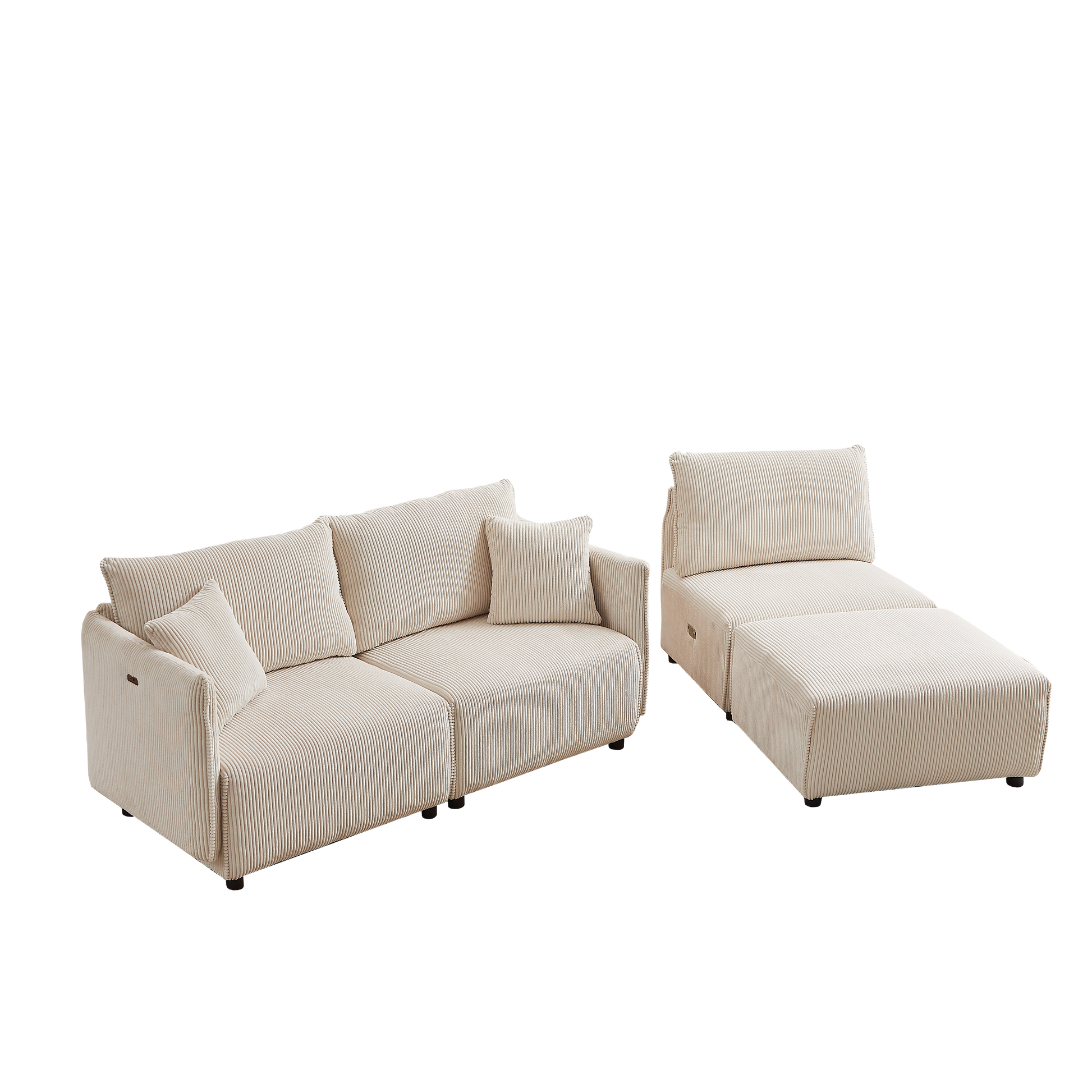 Multi Module Combination Style Sofa For Living Room, Bedroom And Other Lounge Spaces, Modern Minimalist Corduroy Combination Sofa With 2 Comfort Cushions With Usb & C Charging Ports,Beige,Two Sets Beige Foam Fabric 8 Seat