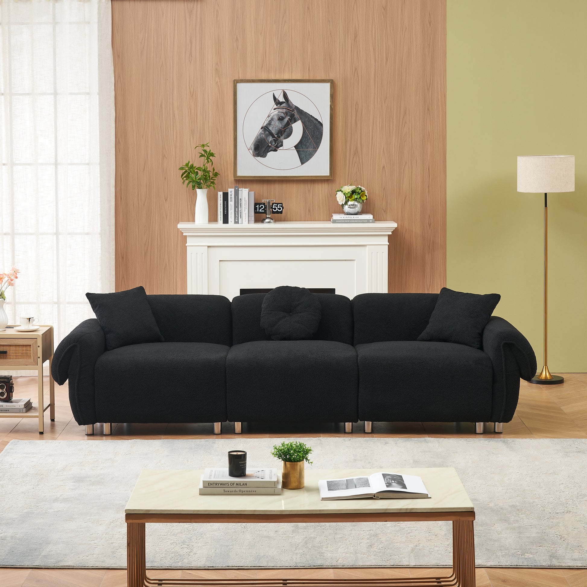 24005 Black Teddy Velvet Fabric, With 3 Pillows, Three Person Sofa Can Be Placed In The Living Room And Other Scenes Black Polyester Blend 3 Seat