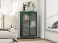 2 Doors Metal Storage Cabinet,Display Cabinet With Glass Doors,Metal Kitchen Sideboard Buffet Cabinet,Glass Storage Cabinet For Dining Room,Living Room,Bedroom Dark Green Modern Iron