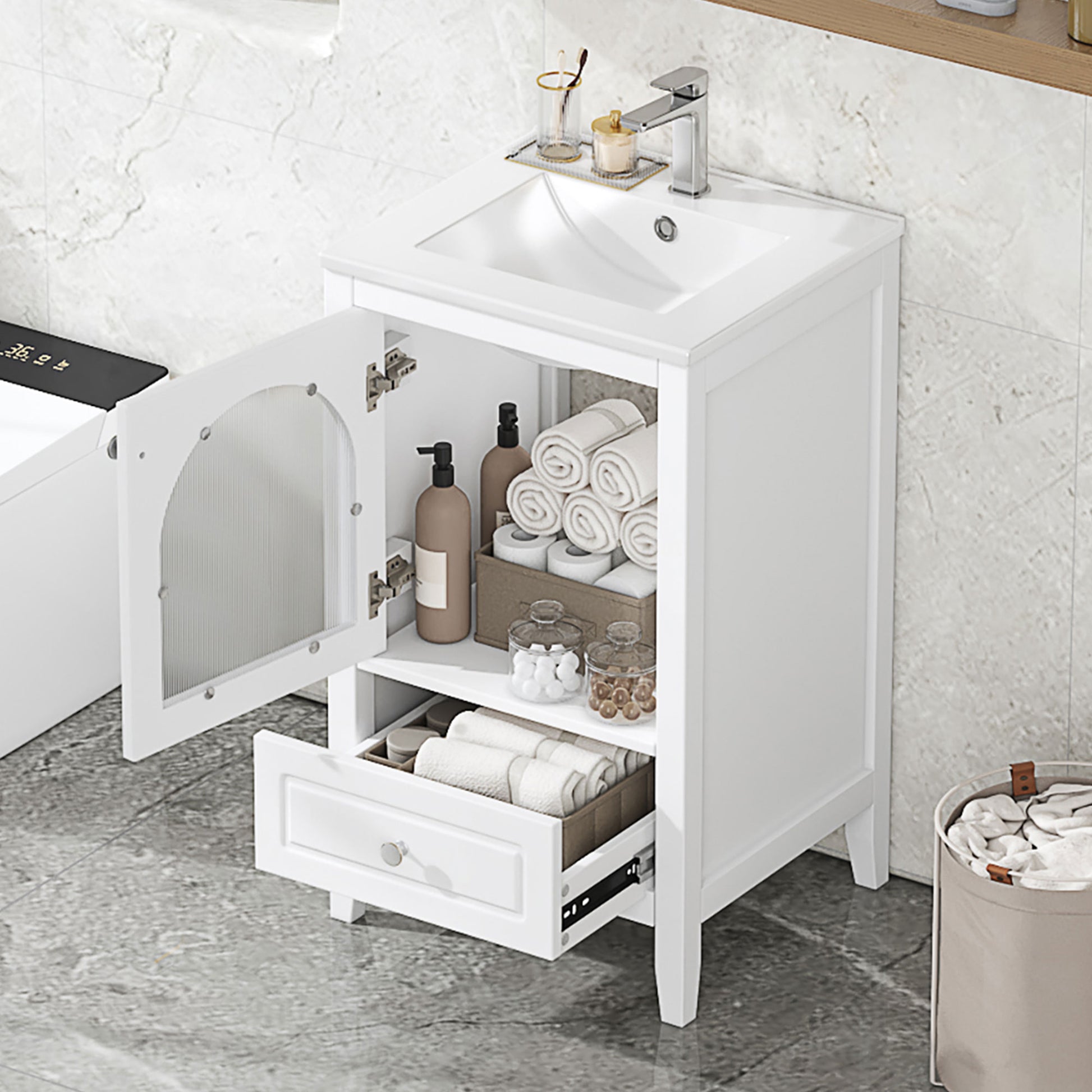 20" Bathroom Vanity With Sink, Bathroom Cabinet With Soft Closing Glass Door, A Drawer, White White Mdf