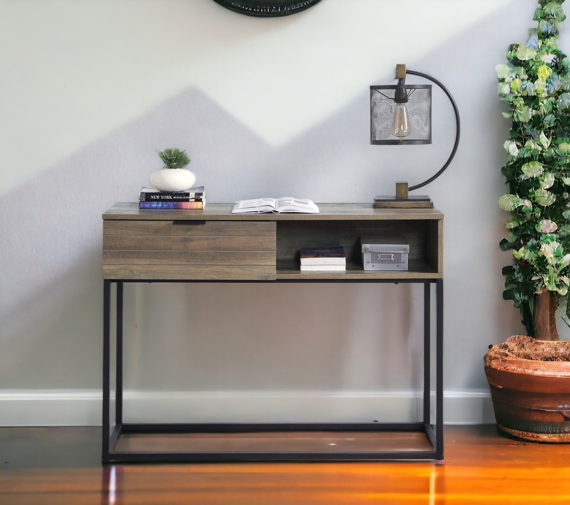 Galeno Writing Desk, Rustic Oak & Black Finish Of00320 Black Mdf Metal