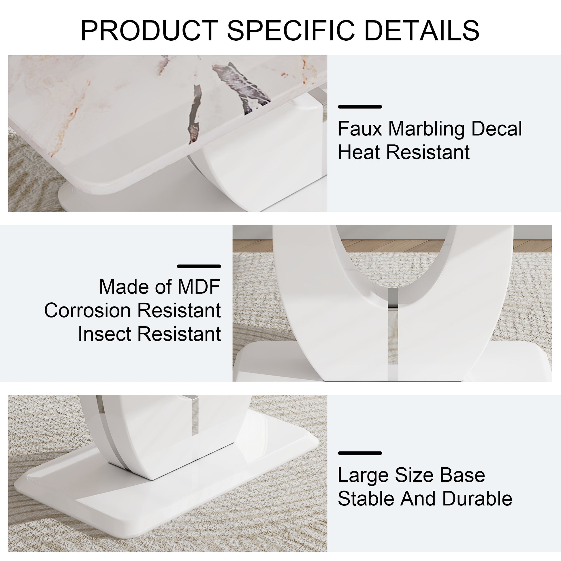 Table And Chair Set, Modern Luxurious White Imitation Marble Pattern Mdf Dining Table,Rectangular Dining Table, Matched With Uniquely Shaped Pu High Backrest Seats,Suitable For Various Occasions. White Seats 4 Mdf