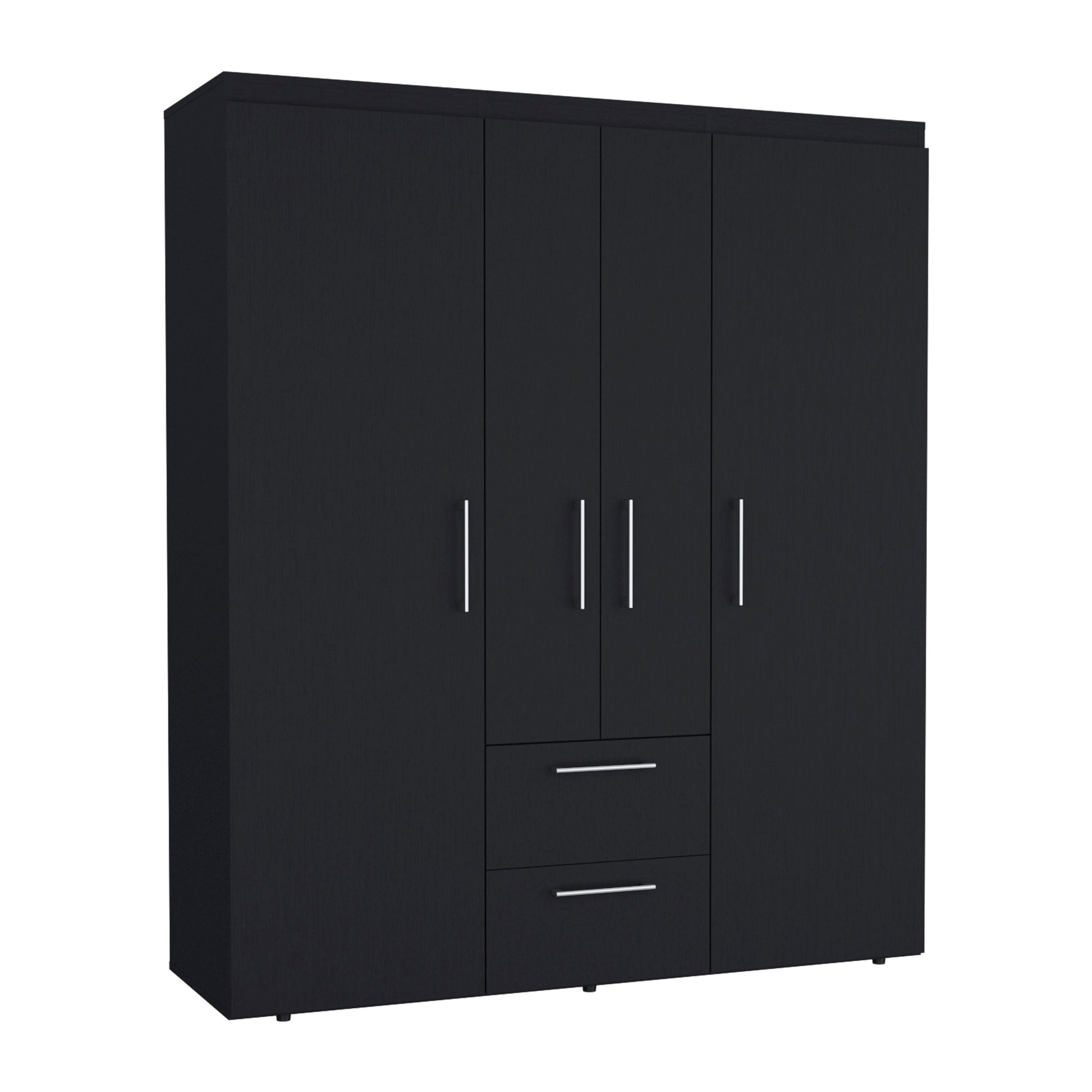 Bariloche Wardrobe, Multi Section Storage With Hanging Rods, Shelves, And 2 Drawers Black Bedroom Modern Particle Board