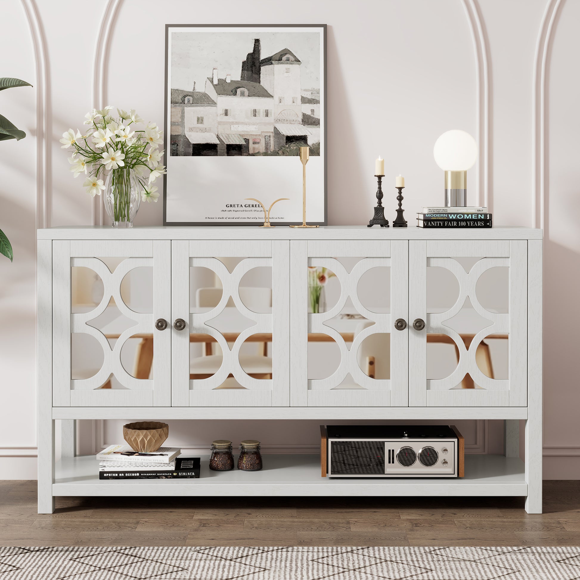 Elegant Retro Console Table Storage Cabinet Sideboard With Mirrored Doors, Spacious Shelves, And Durable Acacia Wood Legs Perfect For Living Room, Dining Room, Or Entryway Antique White Antique White Primary Living Space Solid Wood Mdf