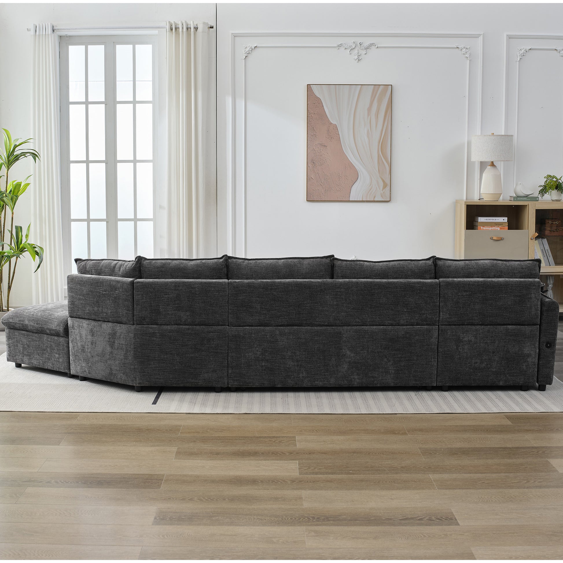 146.9" L Shaped Sofa Sectional Sofa Couch Pull Out Sofa Bed With A Movable Storage Ottoman, A Storage Chaise Lounge And Two Usb Ports For Living Room, Grey Grey Foam Linen 5 Seat