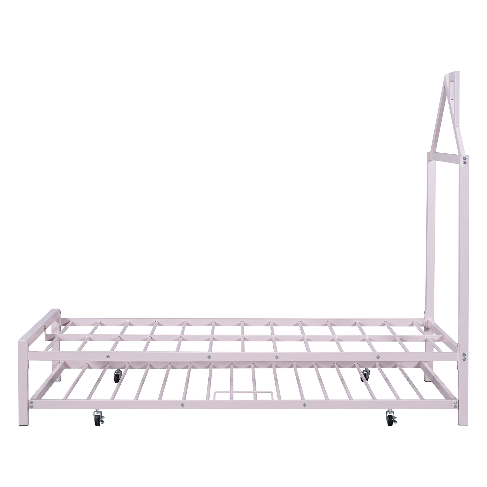 Twin Size Metal Platform Bed With Twin Size Trundle,House Shaped Headboard Design, Pink Twin Pink Metal