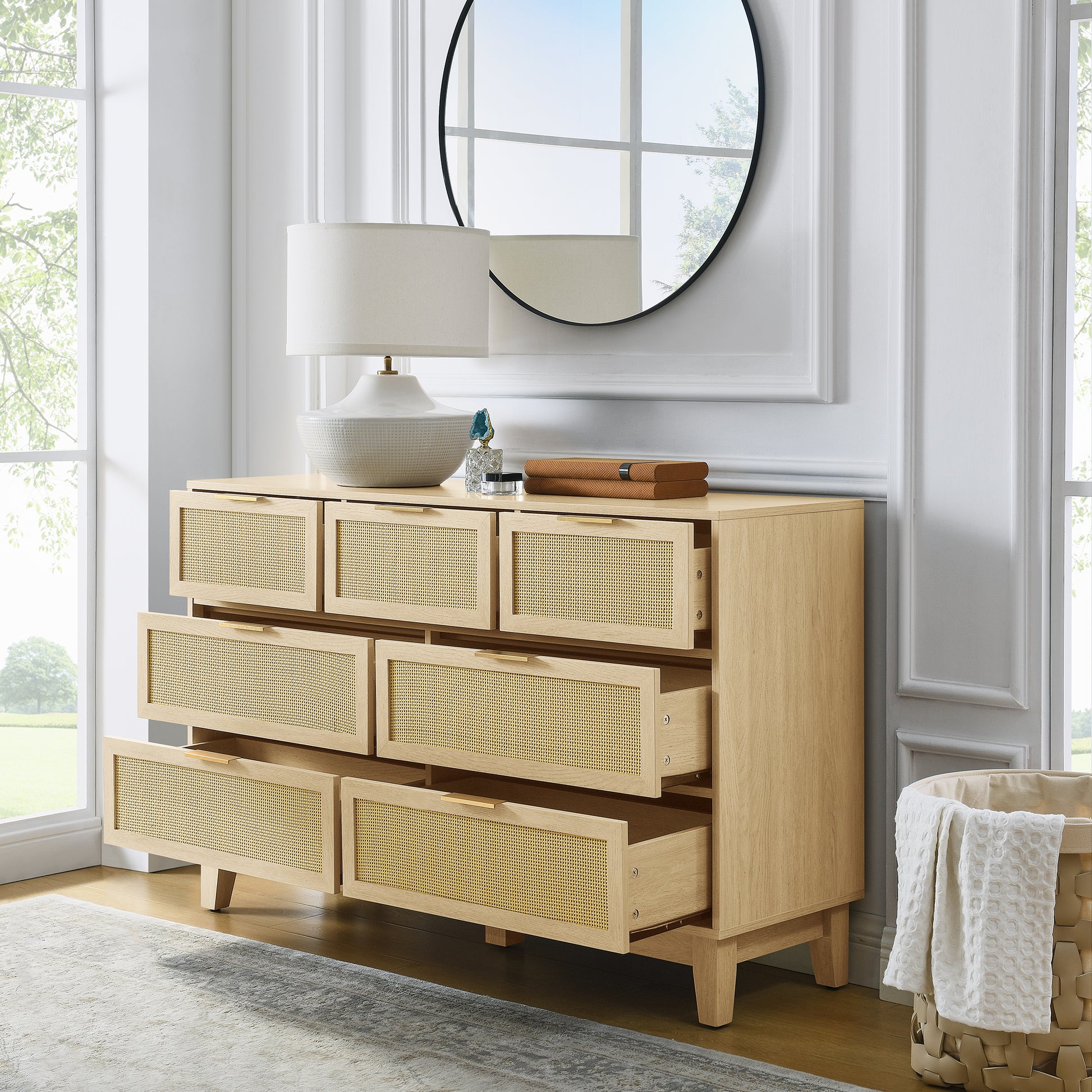 Bedroom 7 Drawer Dresser, Rattan Dresser Modern Wooden Chest Of Drawers With Spacious Storage Space For Bedroom Hallway Living Room Natural Wood Solid Wood Mdf