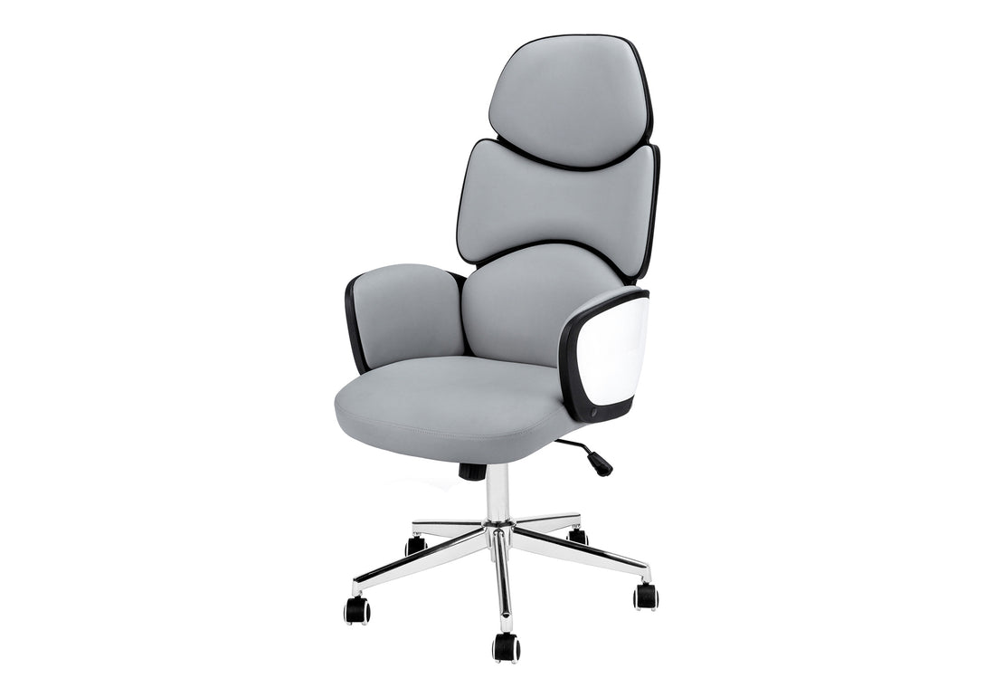 Office Chair, Adjustable Height, Swivel, Ergonomic, Armrests, Computer Desk, Work, Grey Leather Look, Chrome Metal, Contemporary, Modern White Foam Faux Leather