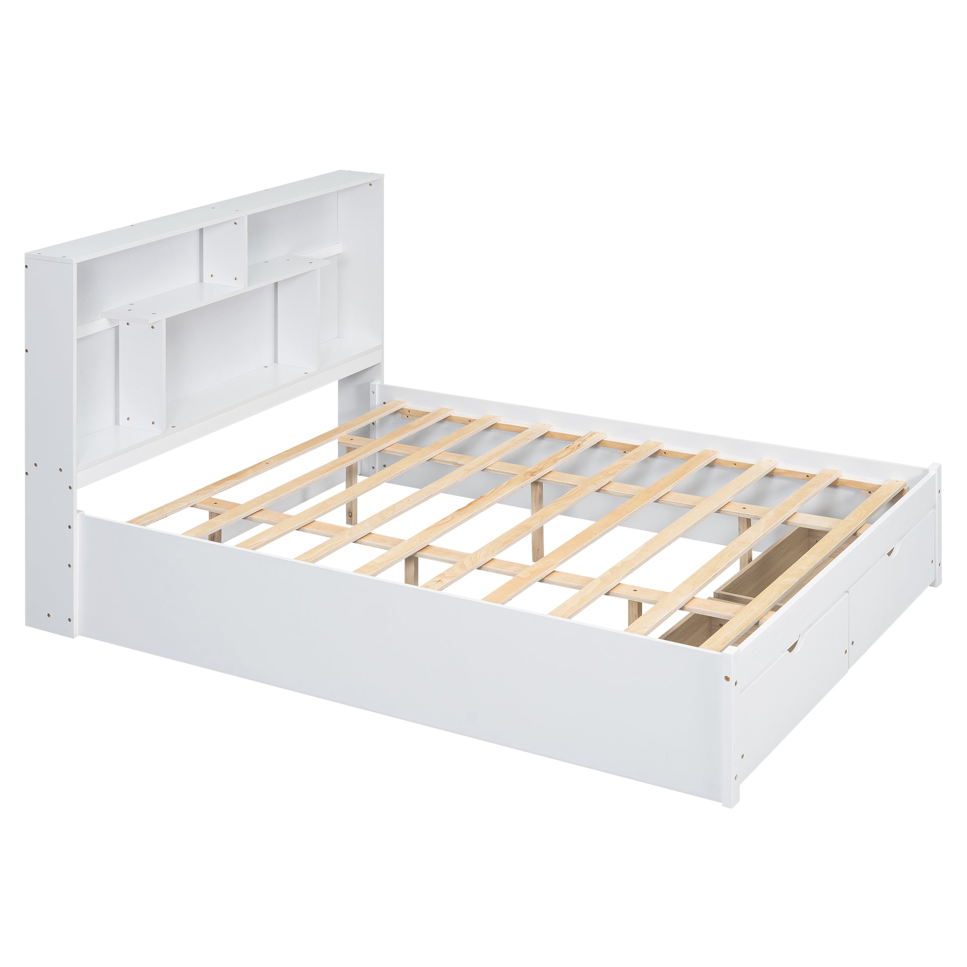 Queen Size Platform Bed With Storage Headboard And 2 Drawers, White Box Spring Not Required Queen White Wood Bedroom Bed Frame Solid Wood Mdf