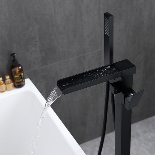 Matte Black Freestanding Tub Filler Floor Mount Faucet With Handheld Shower And Waterfall Spout Matte Black Brass