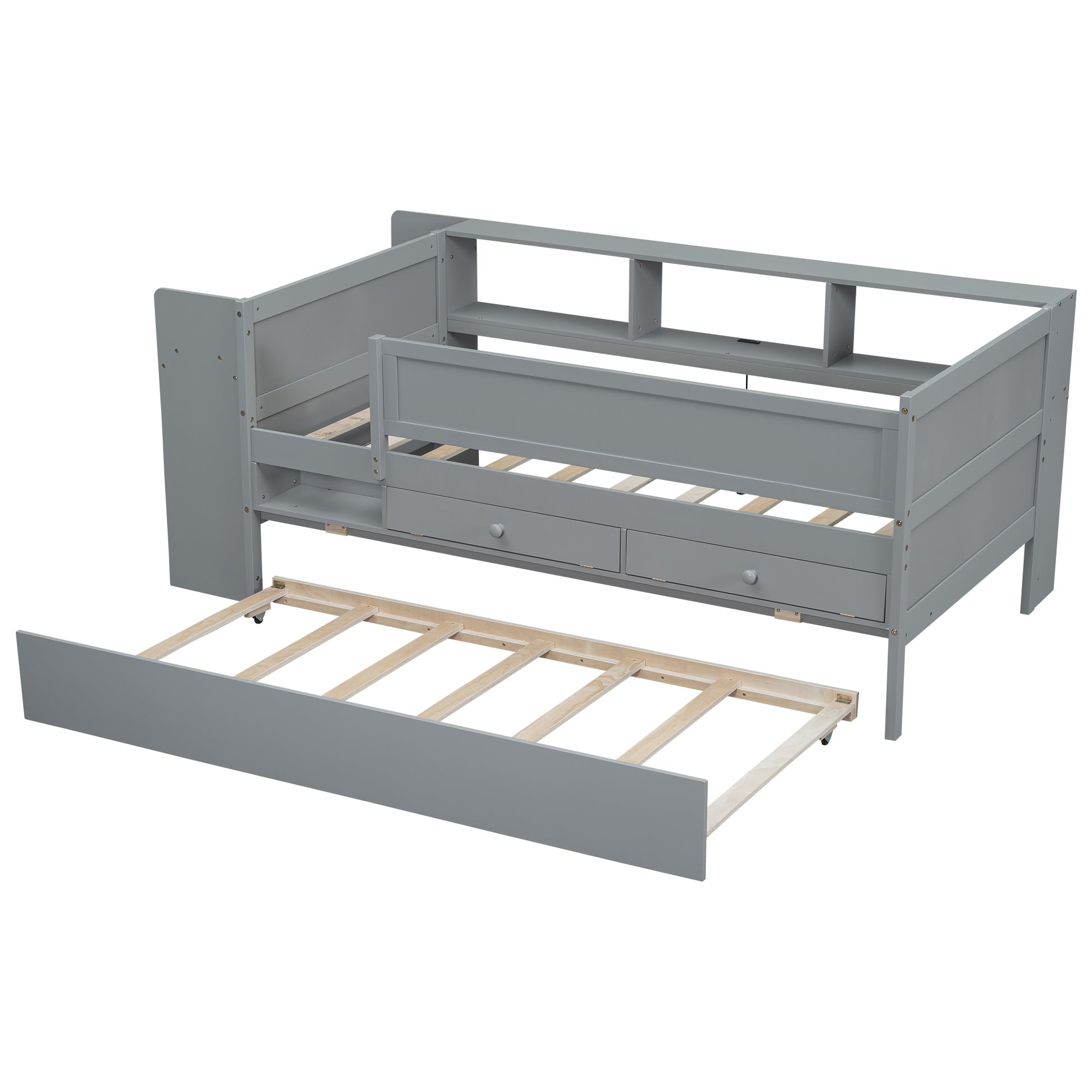 Multi Functional Twin Daybed With Drawers And Trundle, Headboard Storage And Tables, Usb Charging Station, Gray Box Spring Not Required Twin Gray Wood Daybeds Pine