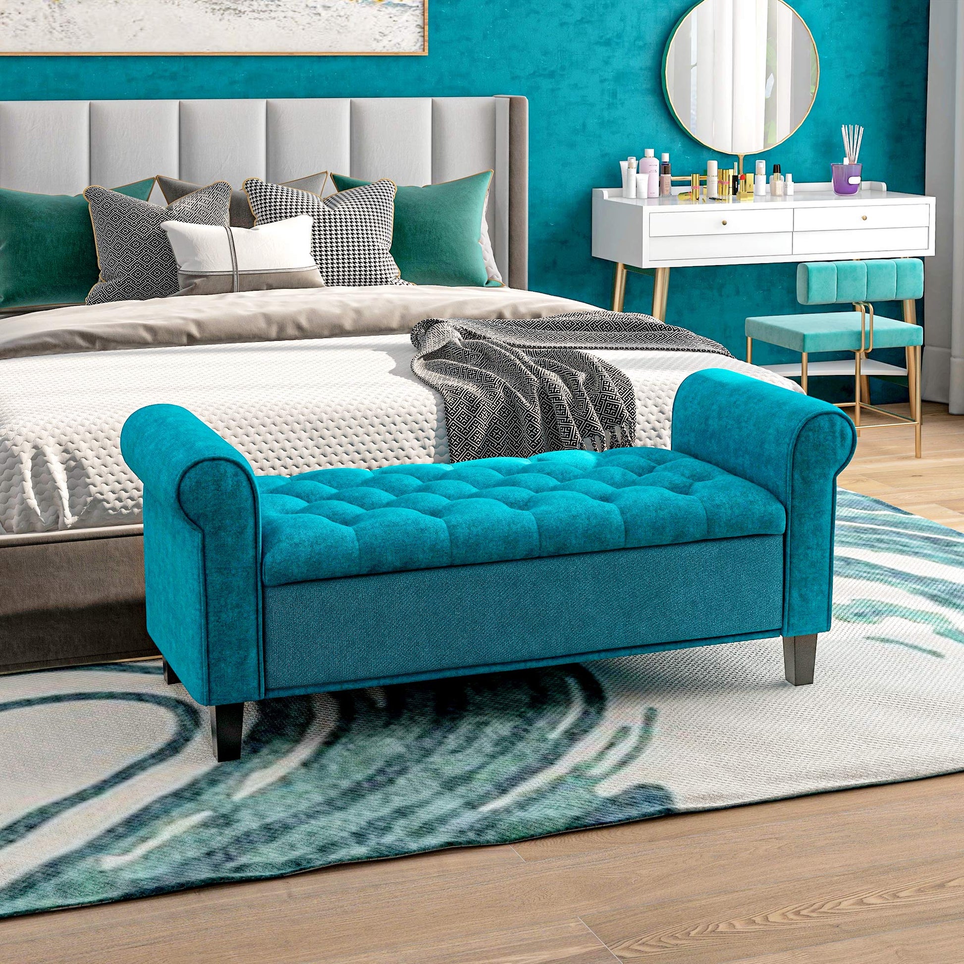 Homcom 50" Storage Ottoman Bench, Upholstered End Of Bed Bench With Rolled Arms, Wood Legs, Button Tufted Storage Bench With Safety Hinges For Living Room, Entryway, Bedroom, Teal Teal Wood