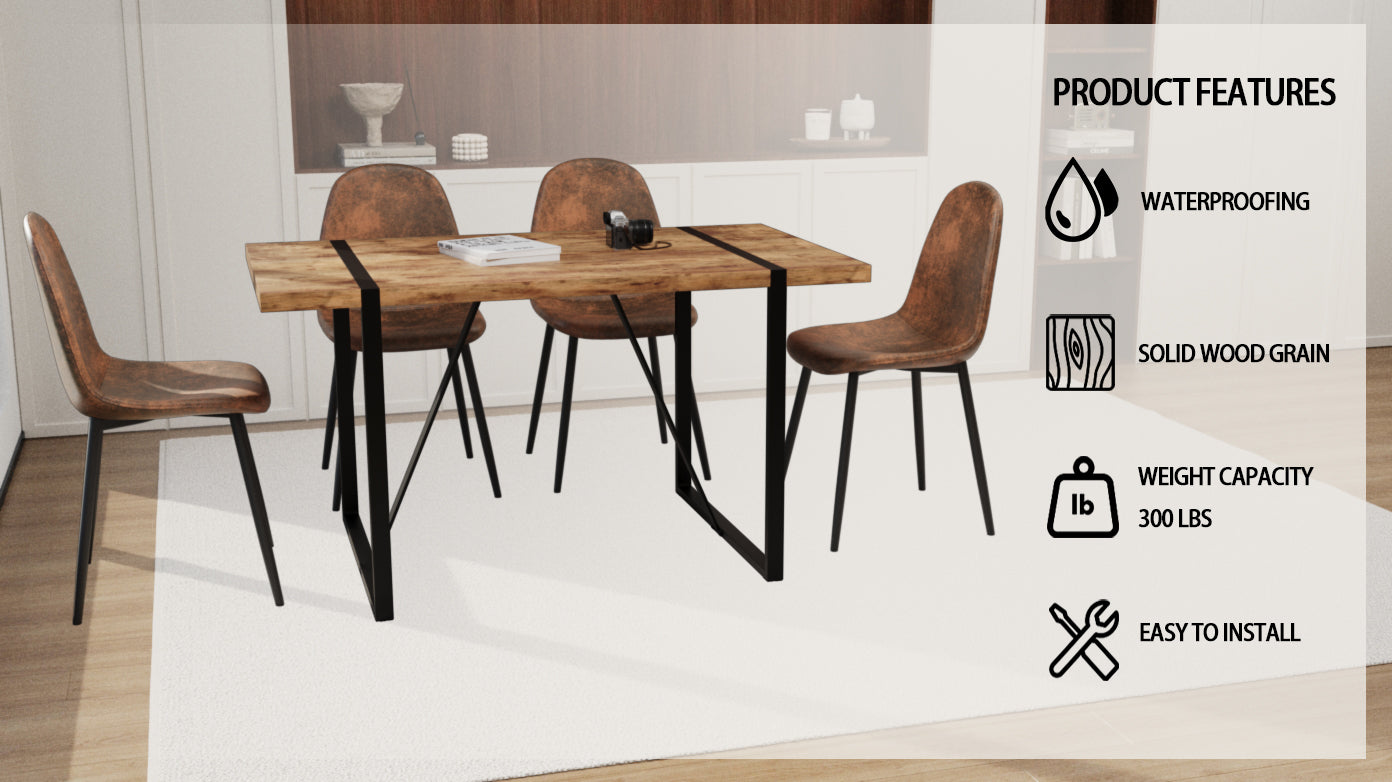 Mdf Dark Wood Dining Table And Modern Dining Chair Set Of 4 Pieces, Medieval Wooden Kitchen Dining Table Set, Black Rectangular Metal Base, Dining Table And Suede Chair Set Wood Mdf