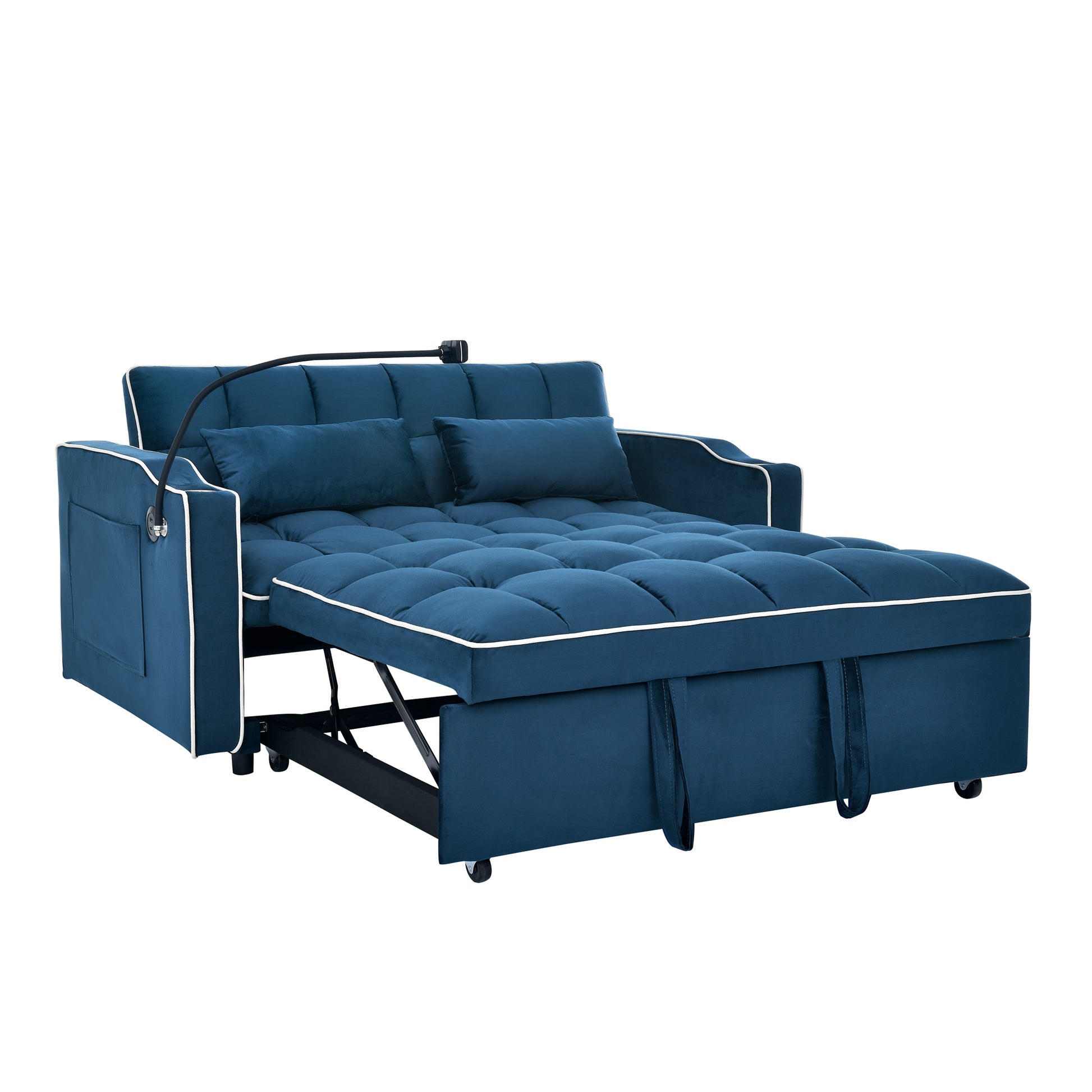 55.51 Inch Versatile Foldable Sofa Bed In 3 Lengths, Modern Sofa Sofa Sofa Velvet Pull Out Bed, Adjustable Back And With Usb Port And Ashtray And Swivel Phone Stand Blue Full Blue Primary Living Space American Design,American Traditional,Traditional