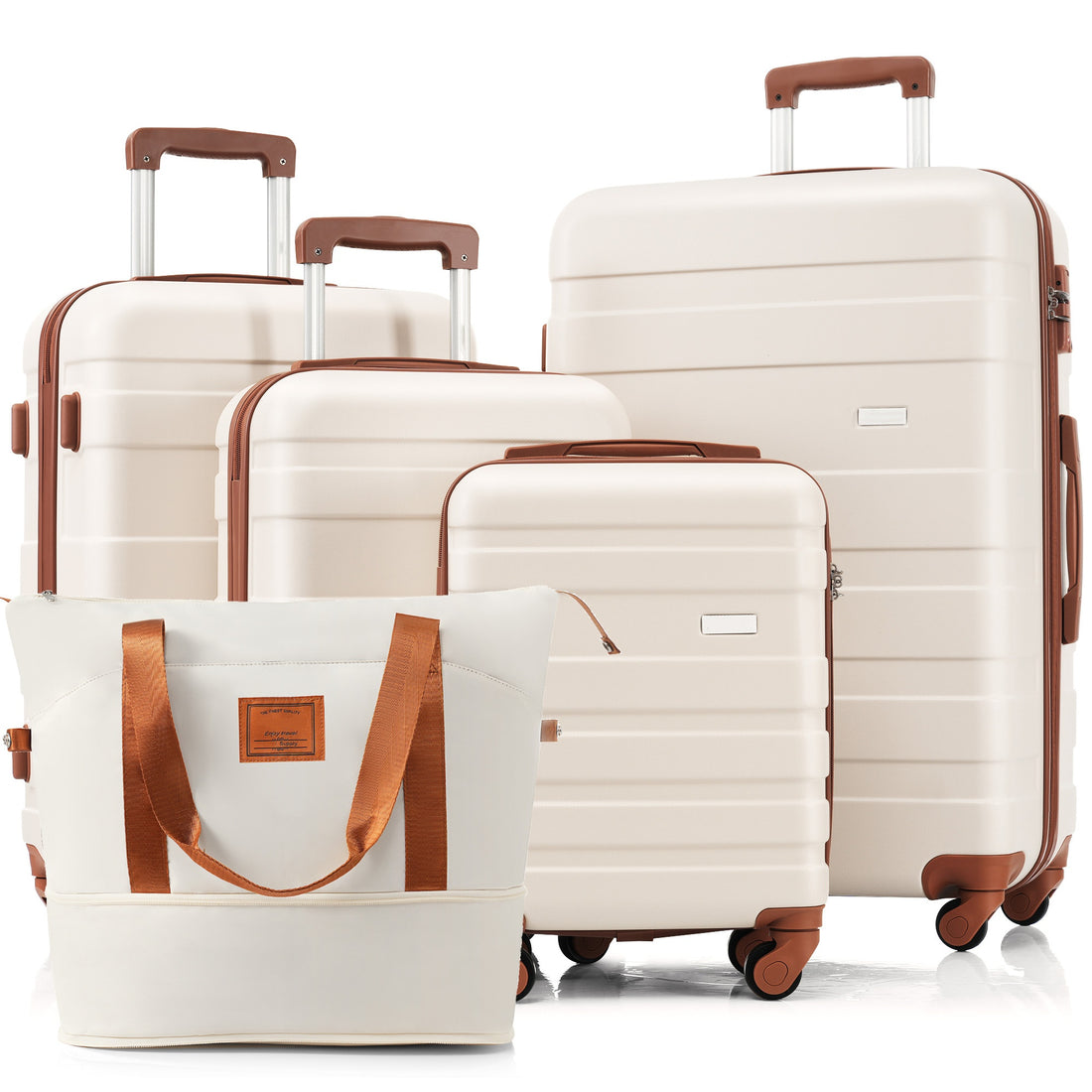 5 Piece Luggage Set With Expandable Travel Bag Includes 16", 20", 24", 28" Suitcases With 360 Spinner Wheels And Adjustable Telescopic Handles, Ivory And Brown Ivory Abs