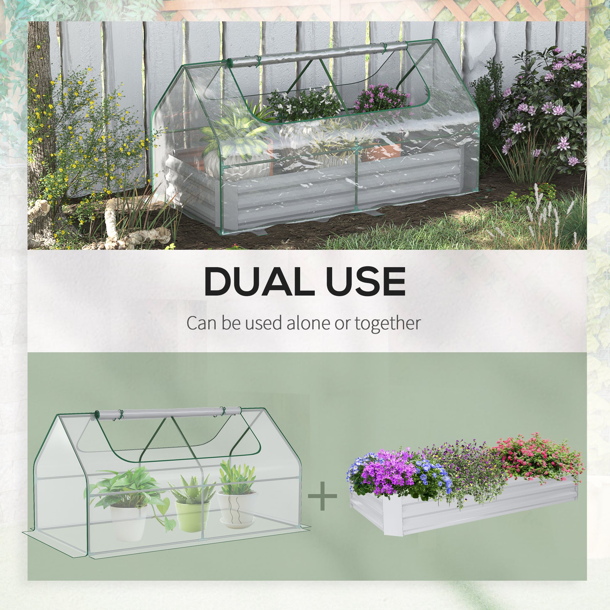 Outsunny 6' X 3' Galvanized Raised Garden Bed With Mini Pvc Greenhouse Cover, Outdoor Metal Planter Box With 2 Roll Up Windows For Growing Flowers, Fruits, Vegetables And Herbs, Light Gray Light Grey Plastic