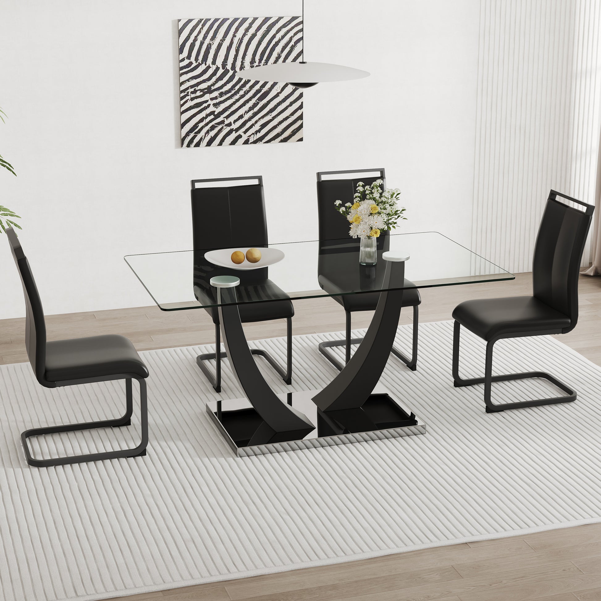 Table And Chair Set.Large Rectangular Glass Dining Table, 0.39 "Tempered Glass Countertop And Black Metal Shaped Bracket.Comes With Chairs With Faux Leather Cushions.Suitable For Kitchen, Dining Room. Black Seats 4 Glass Metal