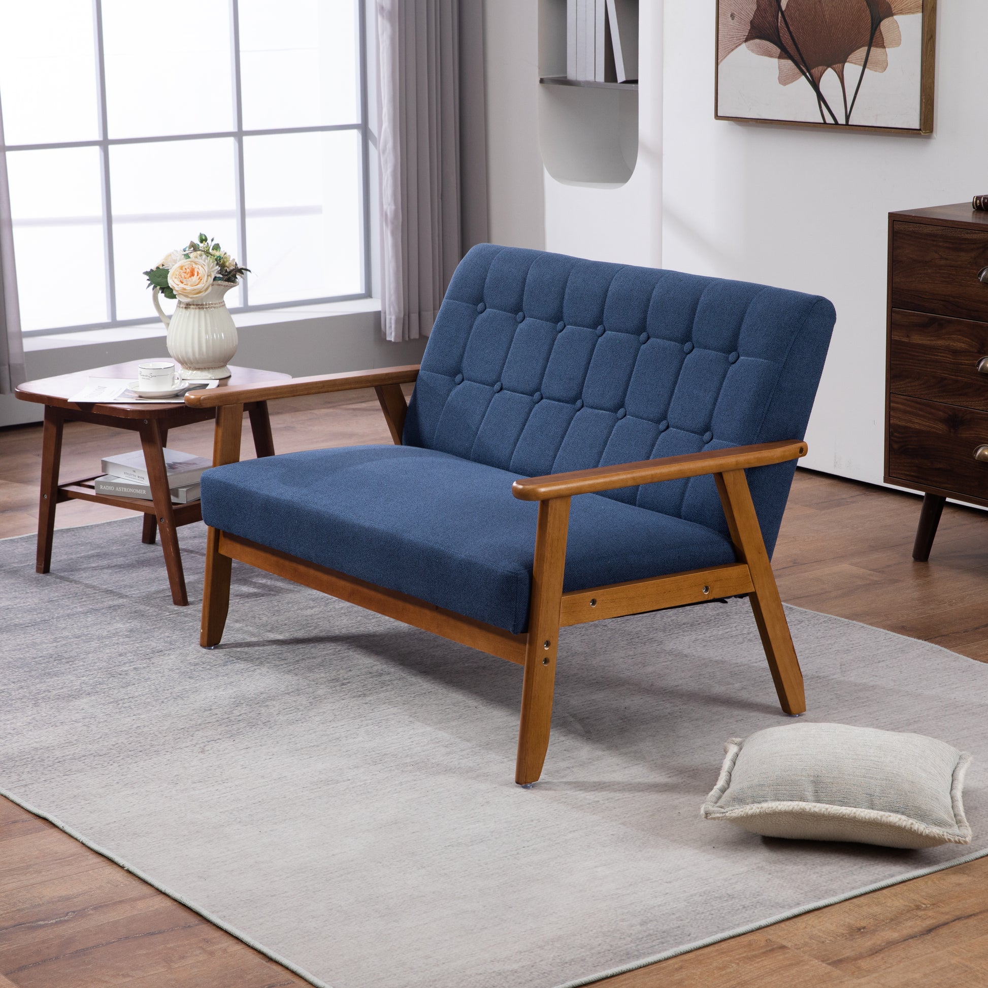 Coolmore Mid Century Modern Solid Loveseat Sofa Upholstered Linen Loveseat, 2 Seat Upholstered Loveseat Sofa Modern Couch Navy Linen 2 Seat