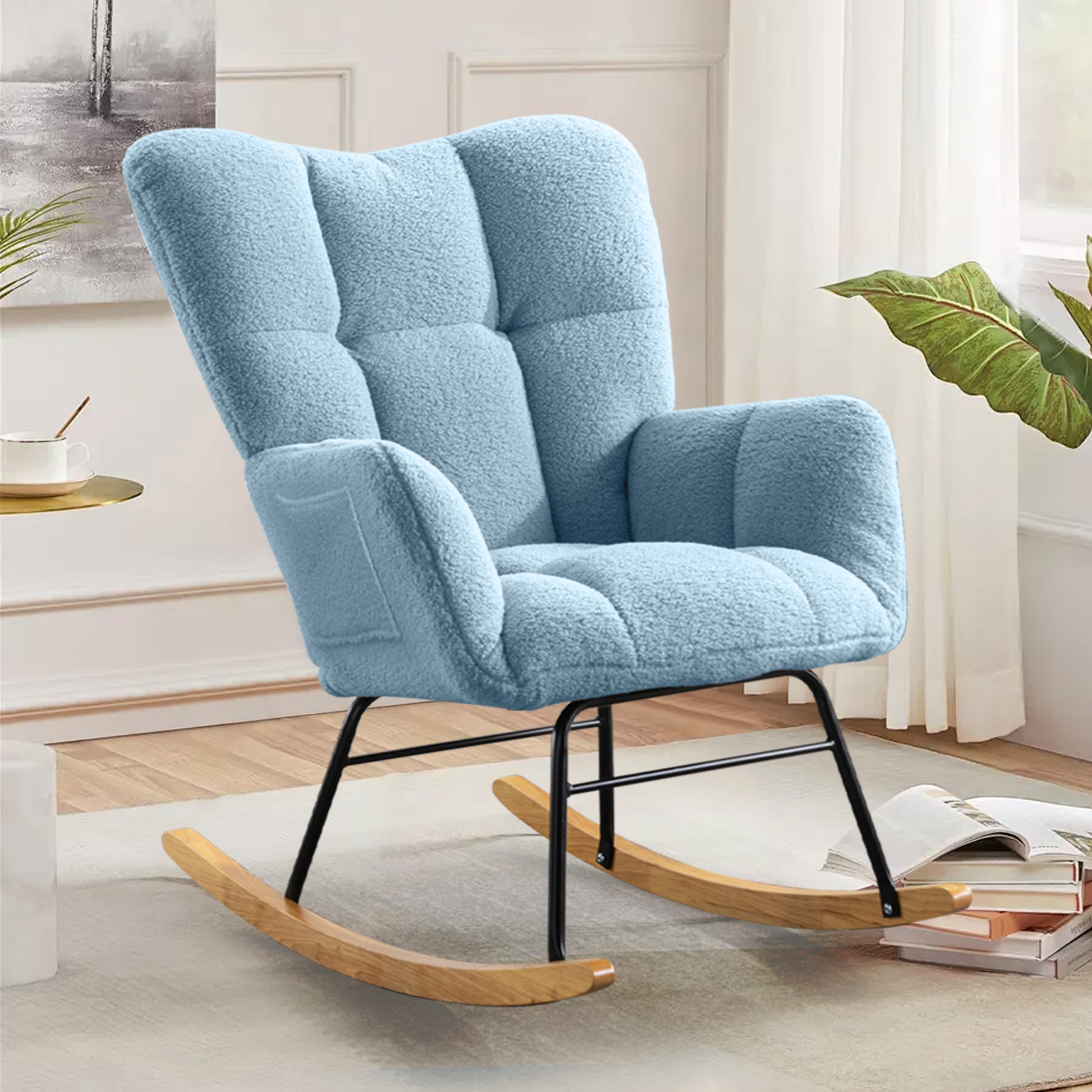 Teddy Fabric Rocking Chair, Modern Rocking Accent Chair For Nursery, Living Room, Bedroom, Sky Blue Metal Blue Bedroom Foam Modern Rocking Chairs Foam Wood Metal