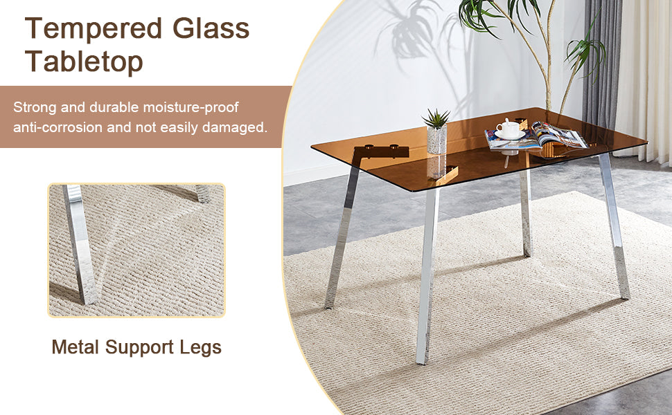 Table And Chair Set.Large Modern Rectangular Table With Brown Glass Top And Silver Metal Legs. Paired With 4 Black Chairs With Checkered Armless High Back Pu Cushion And Silver Metal Legs. Black,Silver Seats 4 Glass Metal