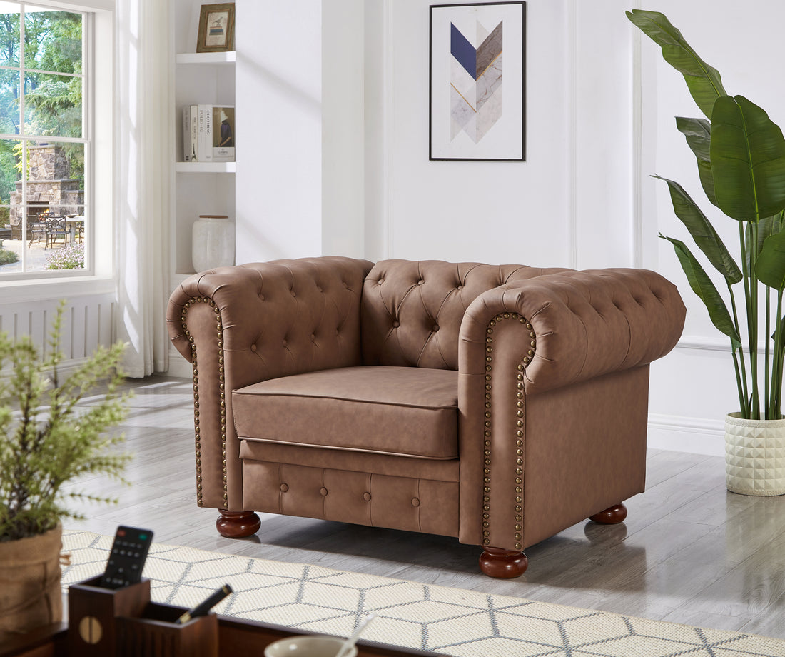 Classic Chesterfield Sofa Chair For Living Room Brown Faux Leather Brown Foam Technical Leather 1 Seat