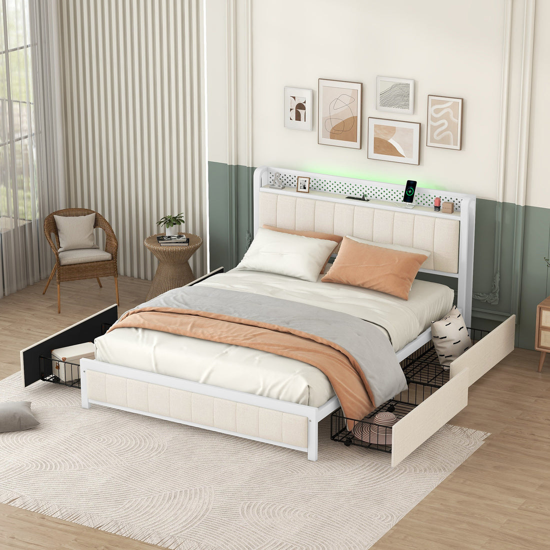 Queen Bed Frame With Led Headboard, Upholstered Bed With 4 Storage Drawers And Usb Ports, Beige Queen Beige Linen
