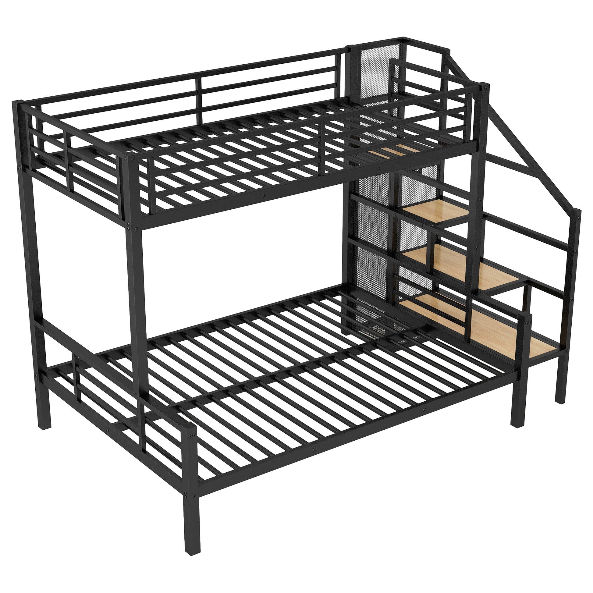 Twin Over Full Size Metal Bunk Bed With Storage Staircase And Open Wardrobe,Black Expected Arrival Time:11.15 Black Mdf Metal