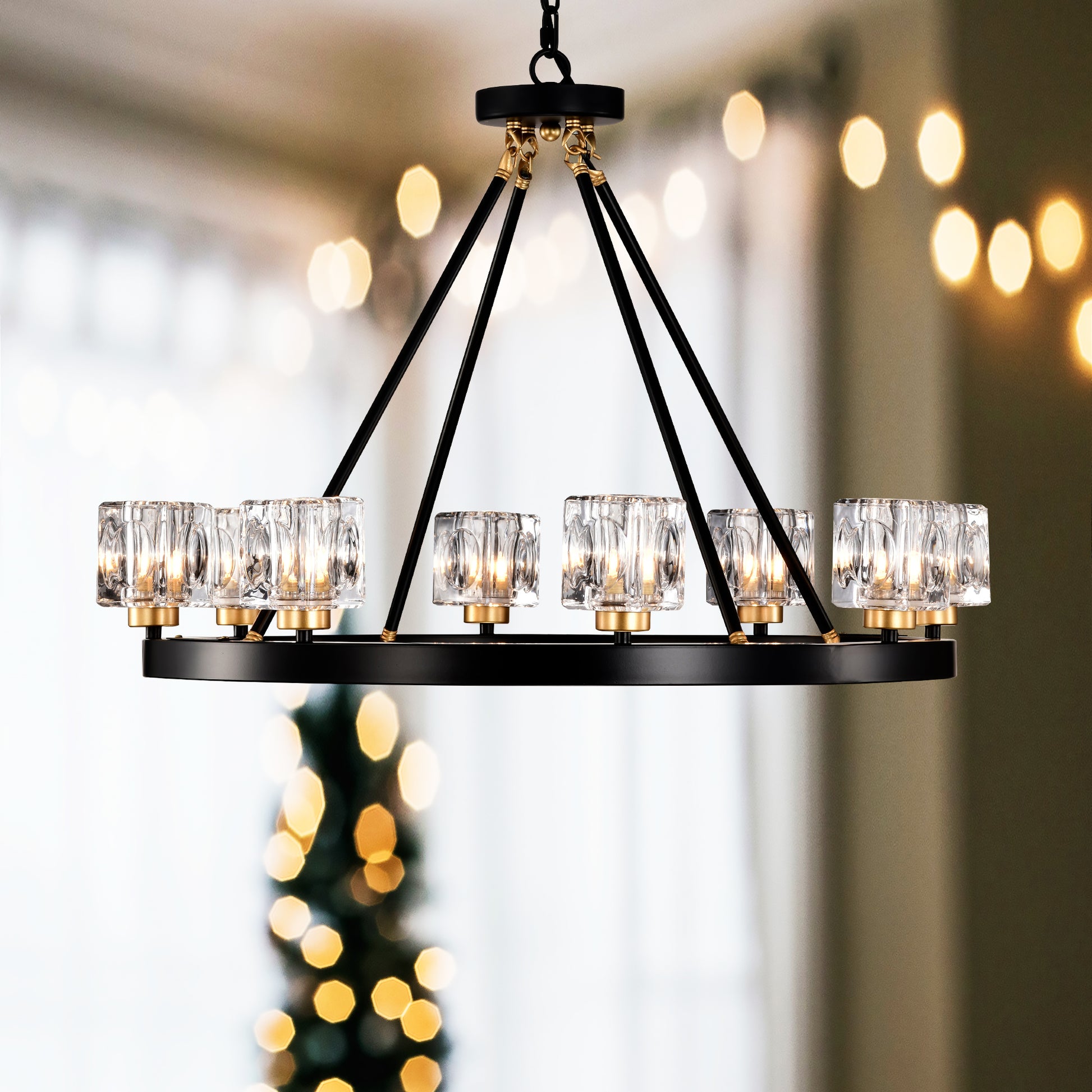 Matte Black Gold Wagon Wheel Chandelier Farmhouse Modern Small Crystal