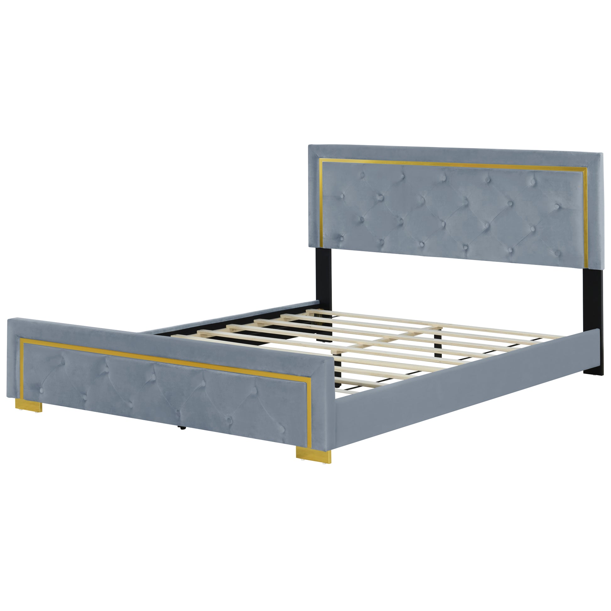 Queen Size Upholstered Platform Bed With Pull Point Headboard And Metal Wire Frame At The Head And Foot Of The Bed, Metal Feet, Velvet, Gray Queen Gray Mdf Lvl
