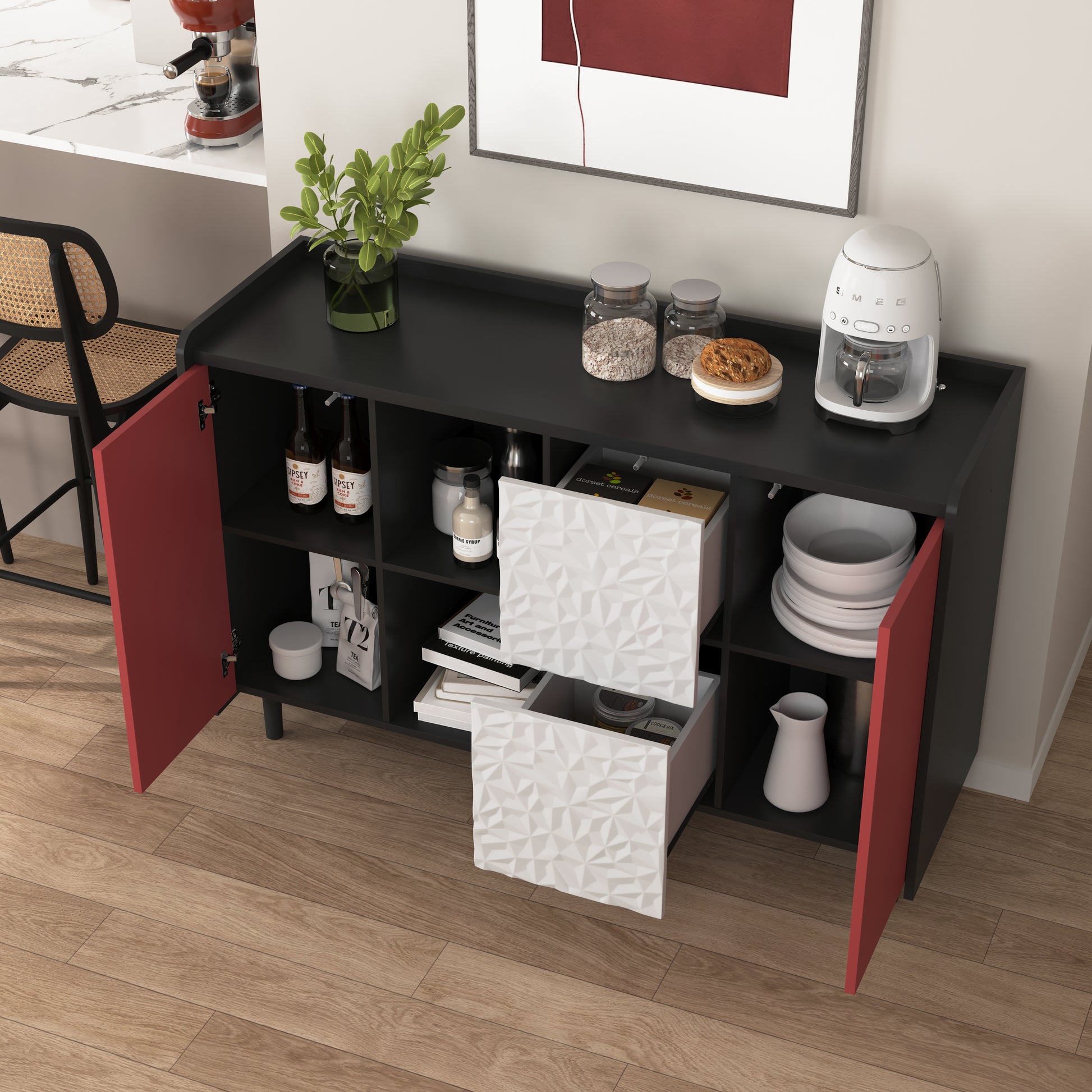 Sideboard Buffet Cabinet, Black Storage Cabinet With Red Doors2 Drawers With Unique Panel Styling And 2 Open Storage Compartment, Modern Coffee Bar Cabinet Accent Cabinet For Kitchen, Dining Room Black Red Mdf