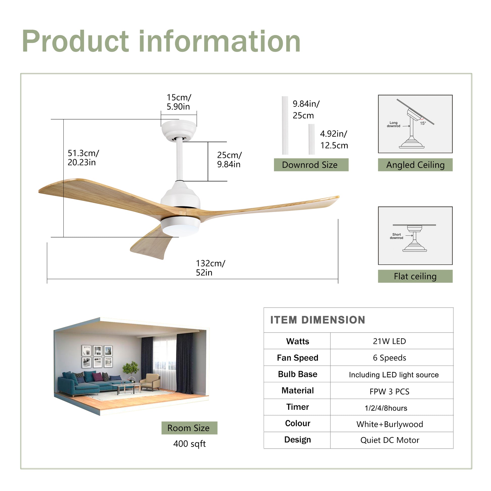 52" Ceiling Fan With Lights Remote Control,Quiet Dc Motor 3 Blade Ceiling Fans 6 Speed Levels,Reversible Ceiling Fan, For Patio Living Room, Bedroom, Office,Indoor. White Natural White Farmhouse,Industrial Iron Wood