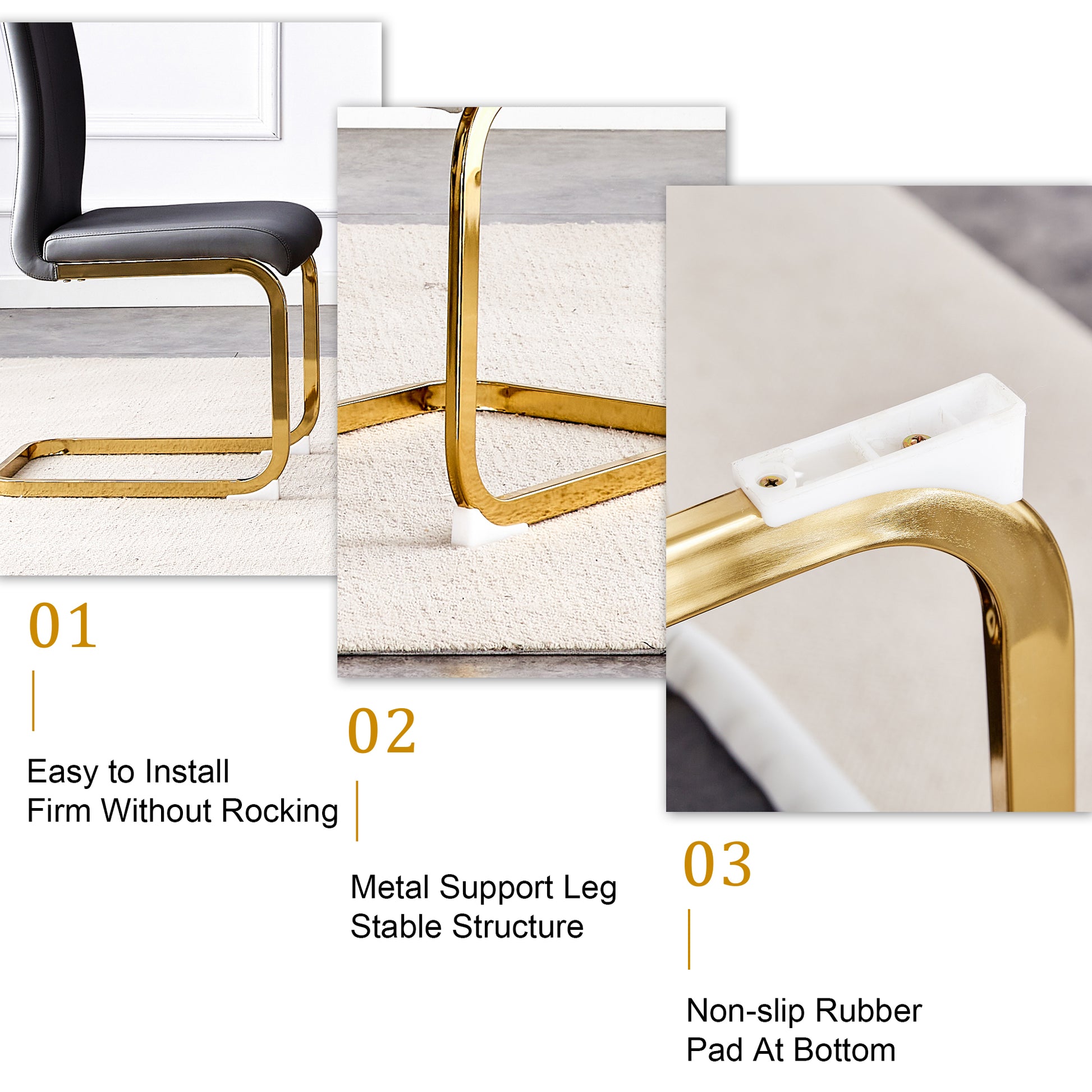 Table And Chair Set, Rock Plate Table Top, Gold Metal Table Legs, Stable And Beautiful, Suitable For Most Home Styles. Modern Simple Dining Table, Comfortable Seating. Gold Black Seats 4 Sintered Stone