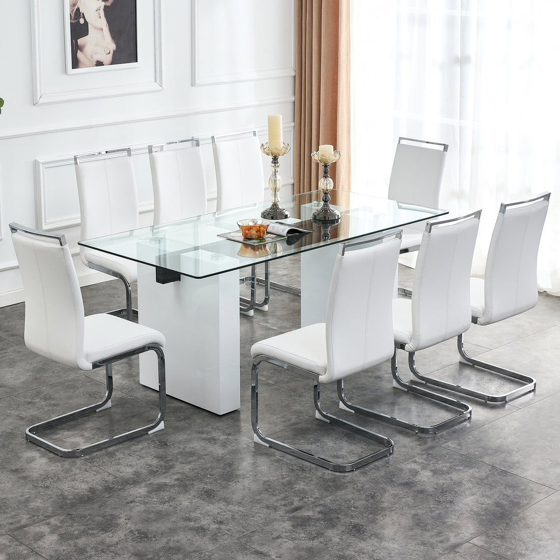 Table And Chair Set. Large Modern Rectangular Table With Glass Top And Large Mdf Legs. Comes With 8 Chairs With Faux Leather Upholstered Seats And Silver Metal Legs. White Seats 8 Mdf Glass