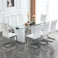 Table And Chair Set. Large Modern Rectangular Table With Glass Top And Large Mdf Legs. Comes With 8 Chairs With Faux Leather Upholstered Seats And Silver Metal Legs. White Seats 8 Mdf Glass