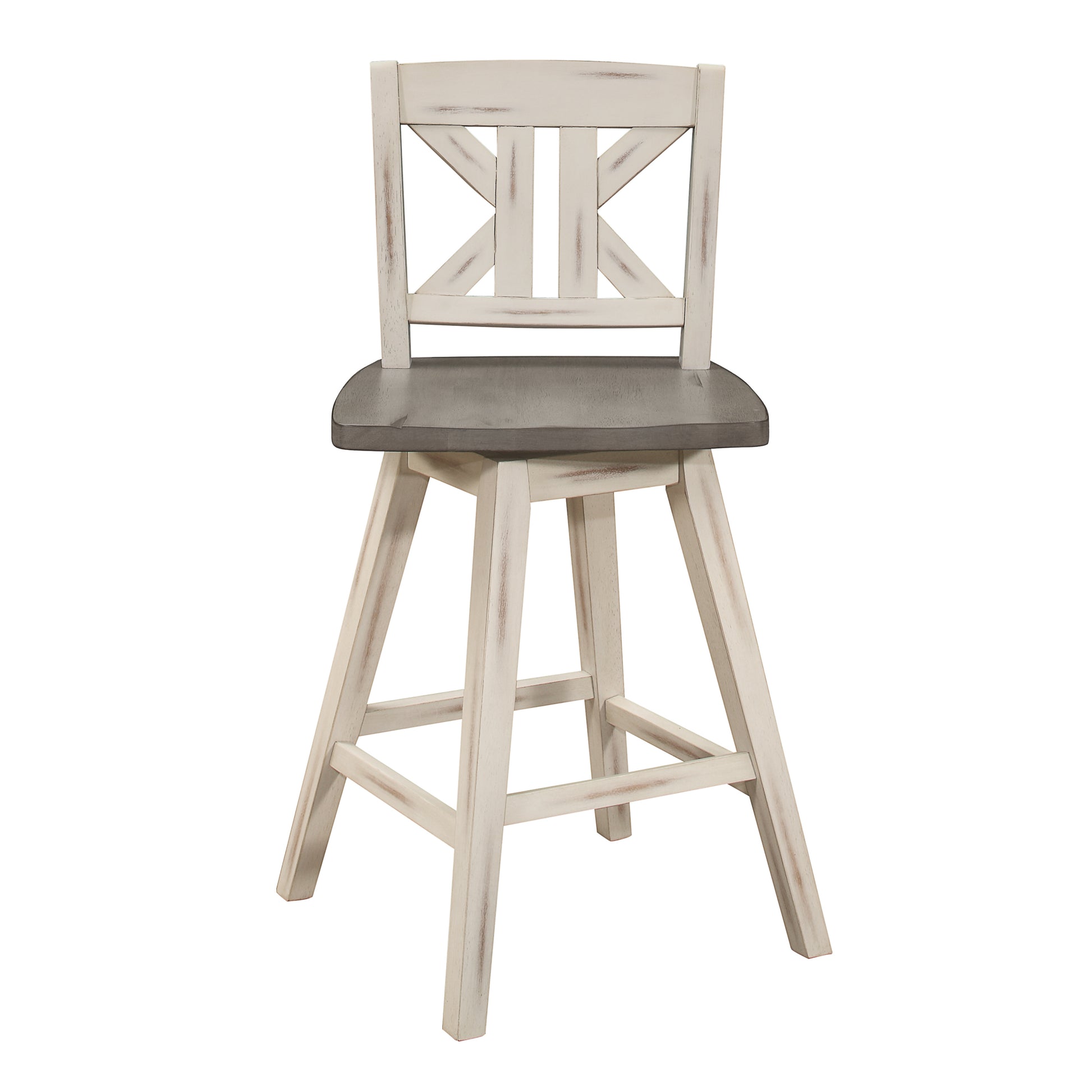 Counter Height Chairs Set Of 2, White Gray 360 Degree Swivel Chair Solid Rubberwood Kitchen Dining Furniture, Divided X Back White Gray Dining Room Rustic Solid Wood