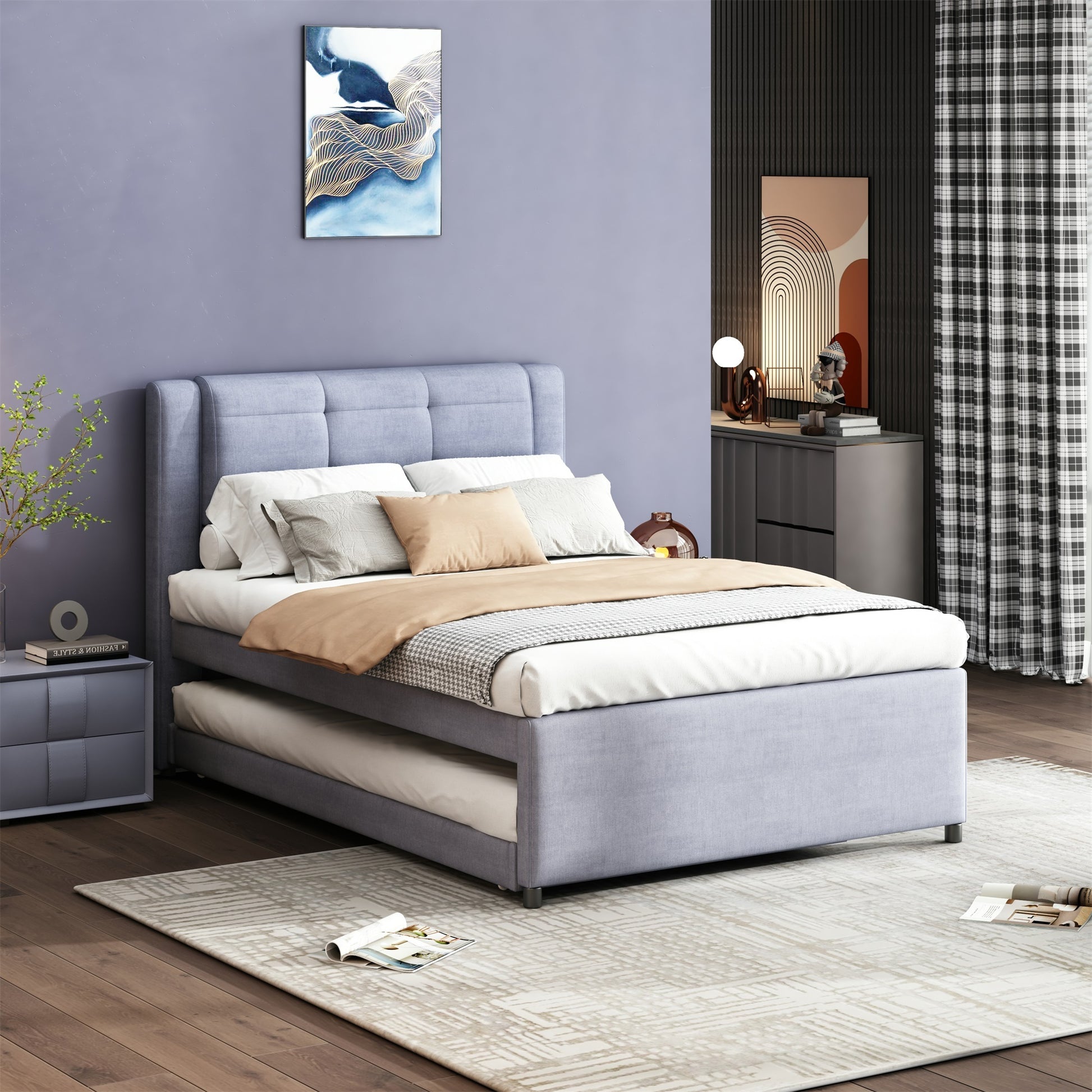 Full Size Upholstery Platform Bed With Trundle,Trundle Can Be Flat Or Erected, Gray Box Spring Not Required Full Gray Bedroom Linen Upholstered