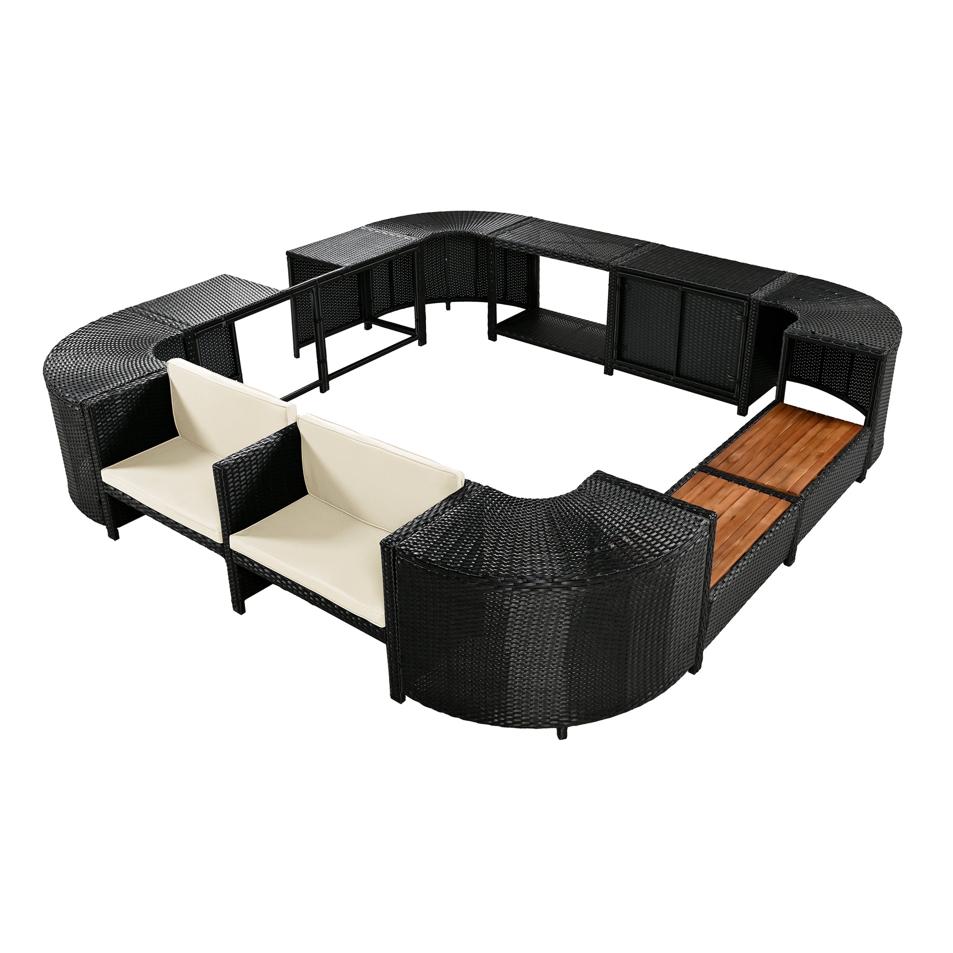 Spa Surround Spa Frame Quadrilateral Outdoor Rattan Sectional Sofa Set With Mini Sofa,Wooden Seats And Storage Spaces, Beige Yes Beige Water Resistant Frame Water Resistant Cushion Garden & Outdoor Sectional Seating Groups Foam Rattan Waterproof Fabric