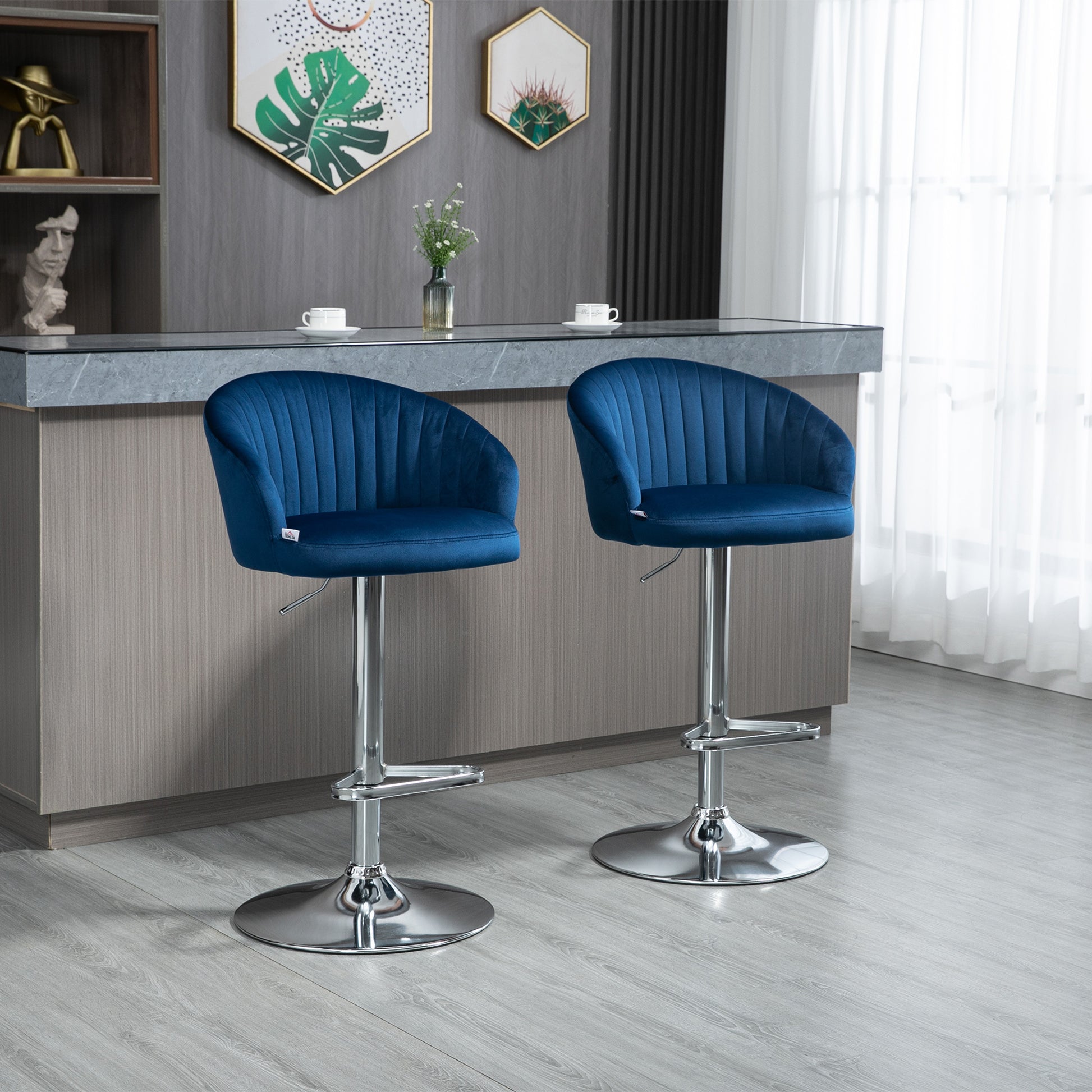 Homcom Adjustable Bar Stools Set Of 2, Modern Counter Height Barstools, Velvet Fabric Upholstered Kitchen Stools With Swivel Seat, Steel Frame, Footrest, Blue Blue Steel