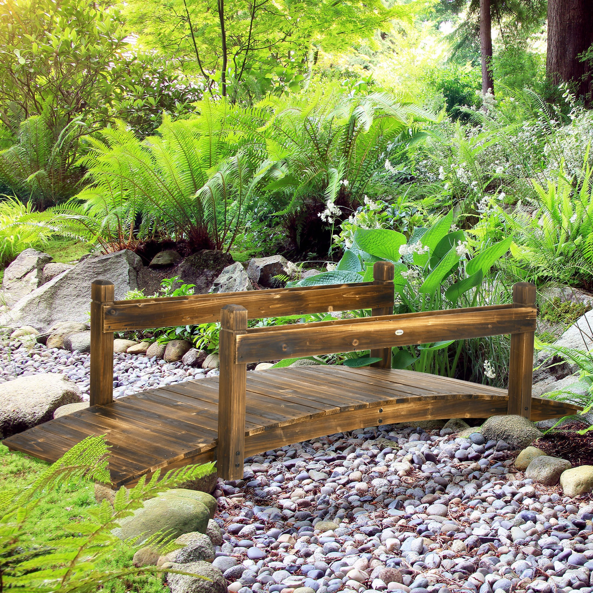 Outsunny 7.5' Wooden Garden Bridge With Planters, Stained Finish Arc Footbridge With Safety Railings For Backyard, Pond Stream, Stained Wood Brown Wood