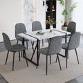 Table And Chair Set.A Modern Minimalist White Marble Veined Mdf Dining Table With Metal Frame.Paired With 6 Dark Gray Dining Chairs With Fabric Cushion And Black Metal Legs. Dark Gray,White Seats 6