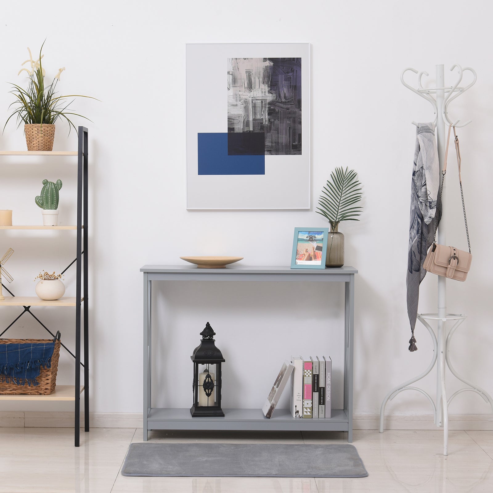 Homcom 2 Tier Console Table, Sofa Side Table With Storage Shelf, X Design For Entryway, Living Room, And Hallway, Grey Grey Mdf