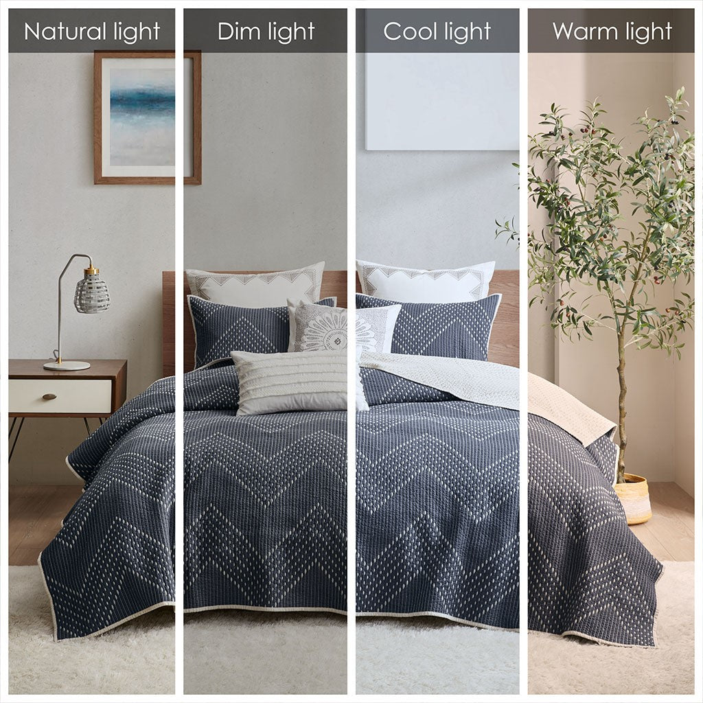 3 Piece Embroidered Cotton Quilt Set Navy King Cal King King Navy Cotton