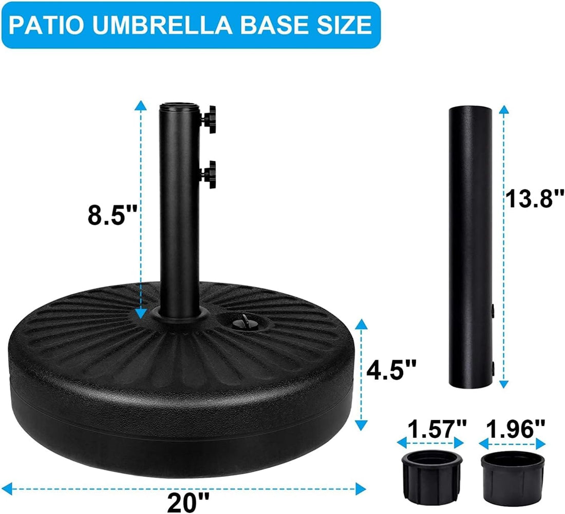 20" Heavy Duty Patio Base Stand With Steel Umbrella Holder, Water Or Sand Fillable For Outdoor, Lawn, Garden, 50Lbs Weight Capacity, 2 Pack, Black Round 2Pack Black Polypropylene